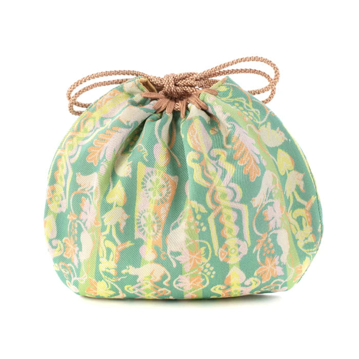 Nishijin Ori Small Drawstring Bag - Japanese Traditional Craft Purse Made in Kyoto | Cat & Love Spoon Design | Perfect for Gift, Cosplay & Cultural Enthusiasts