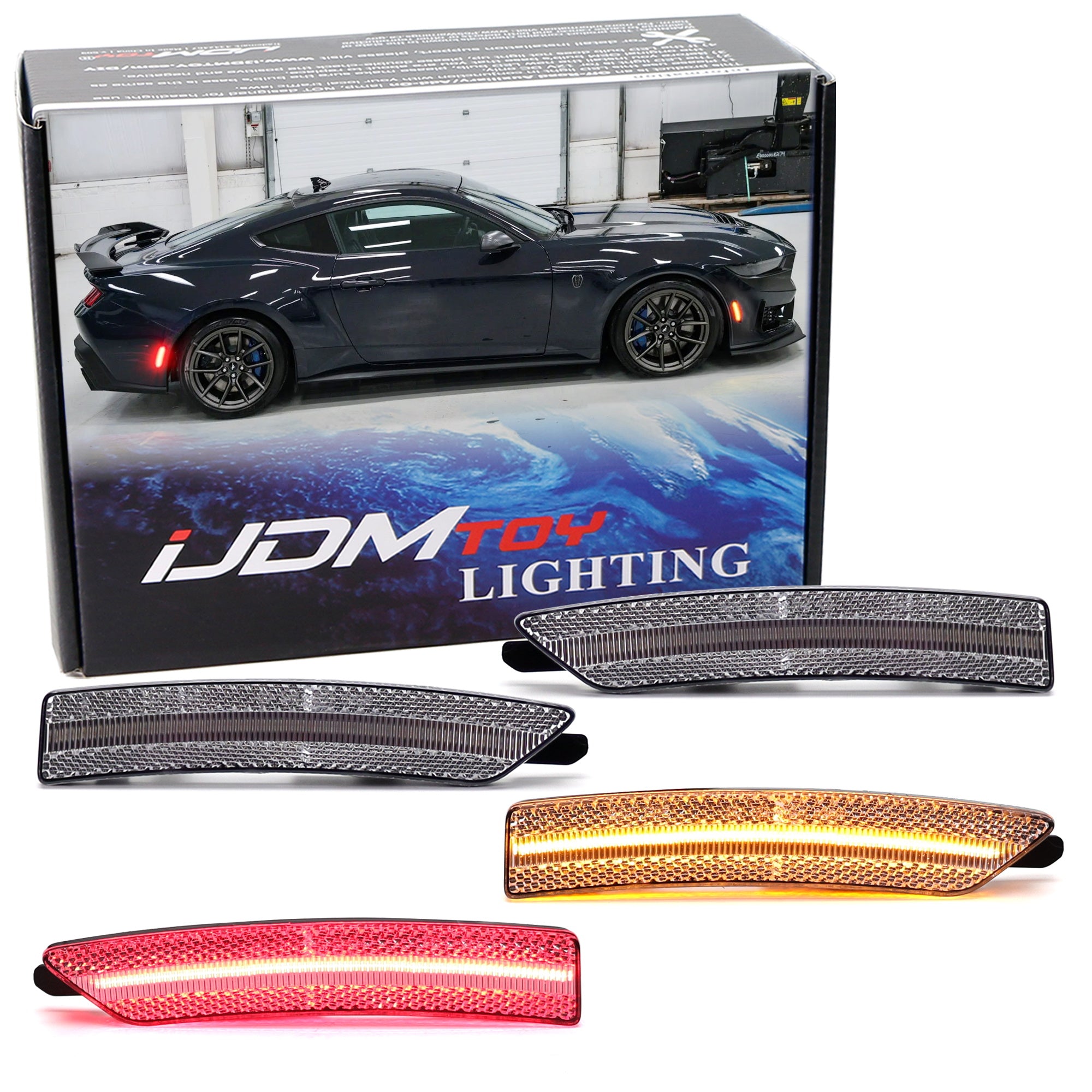 4pc Set Clear Lens Amber/Red Full Strip LED Side Markers for 2024+ Ford Mustang - Enhanced Visibility & Style for Night Driving & Car Shows