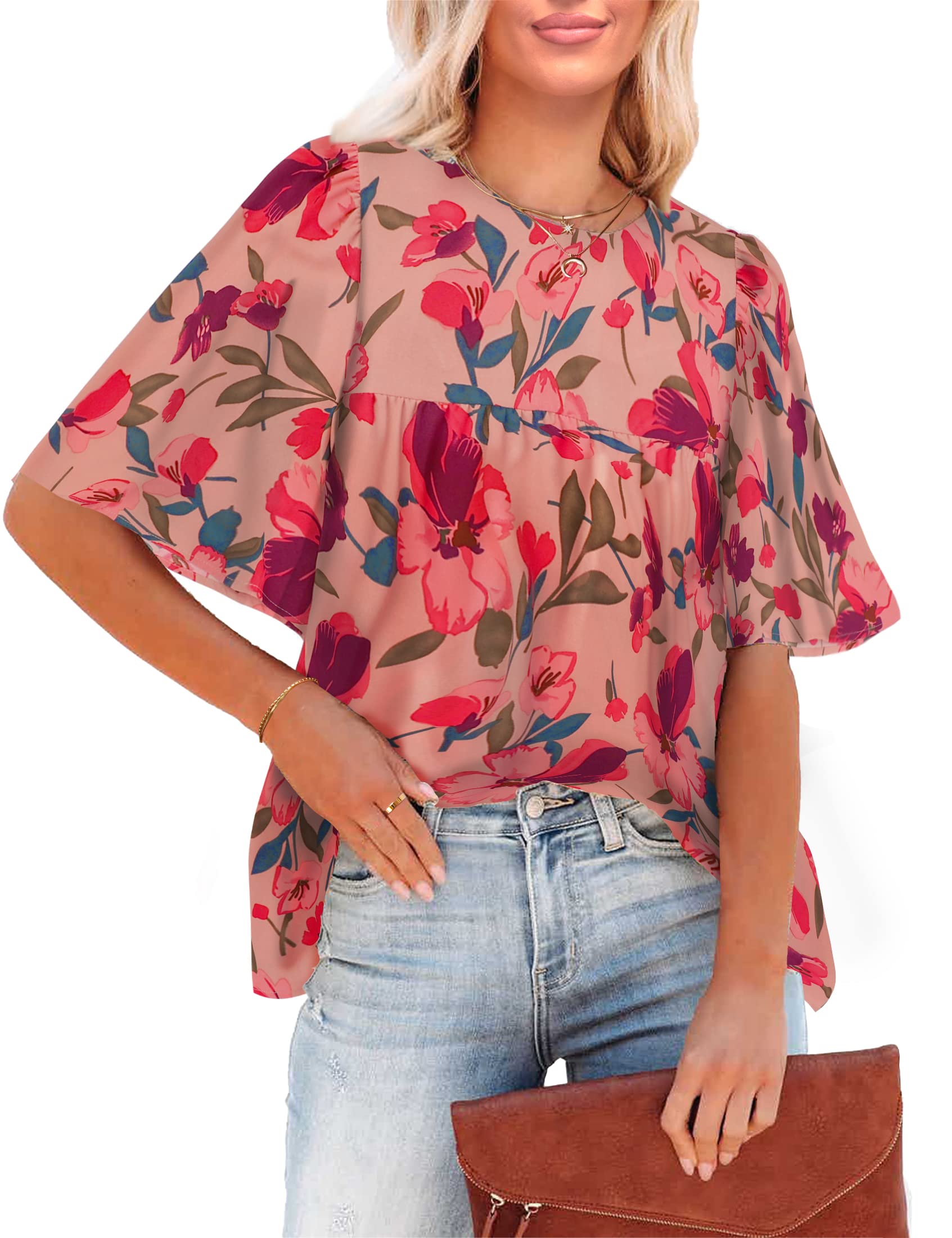 Luvamia 2024 Women's Floral Boho Blouses - Dressy Casual Babydoll Tops with Short Bell Sleeves | Summer Flowy Shirts for Beach, Party & Office Wear