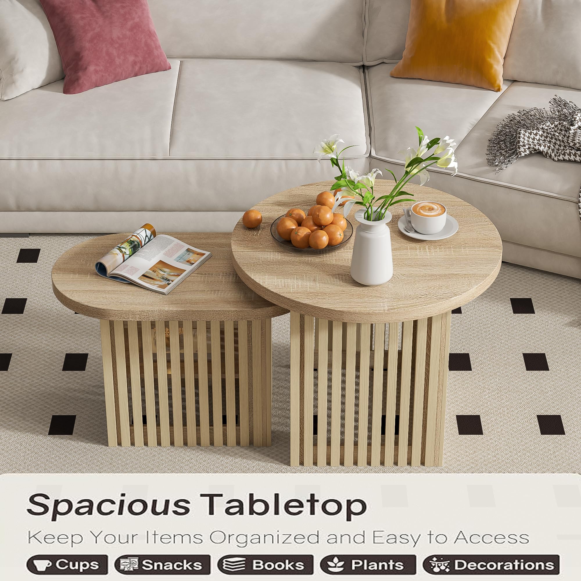 Modern Round Nesting Coffee Table Set of 2 with Fluted Panel & Storage Shelf - Natural Wood Living Room Accent Tables for Small Spaces, Sofa Side Tables, Home Decor