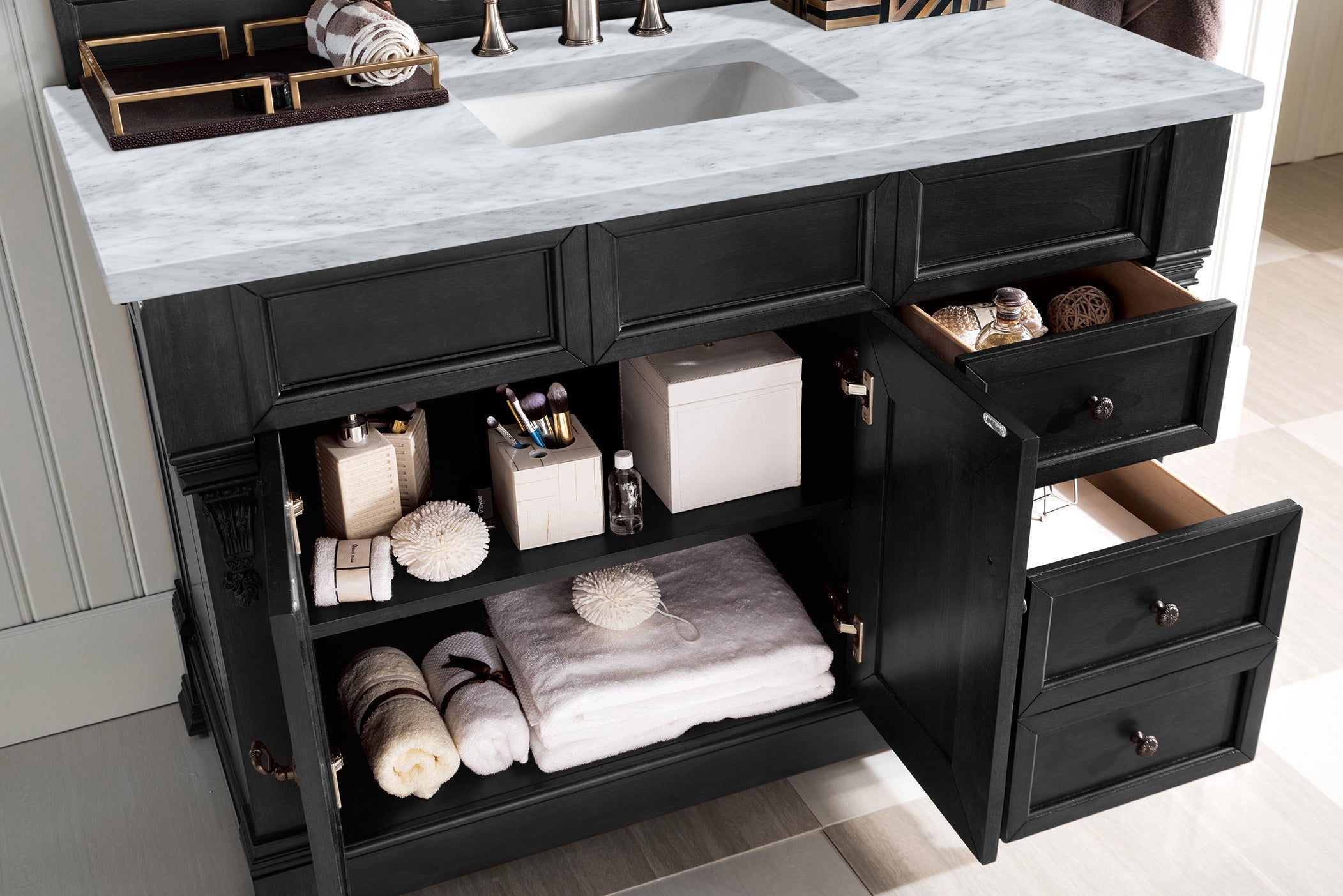 Brookfield 48 Inch Single Bathroom Vanity with Antique Black Finish & 3CM Carrara Marble Top - Perfect for Modern and Traditional Bathroom Designs