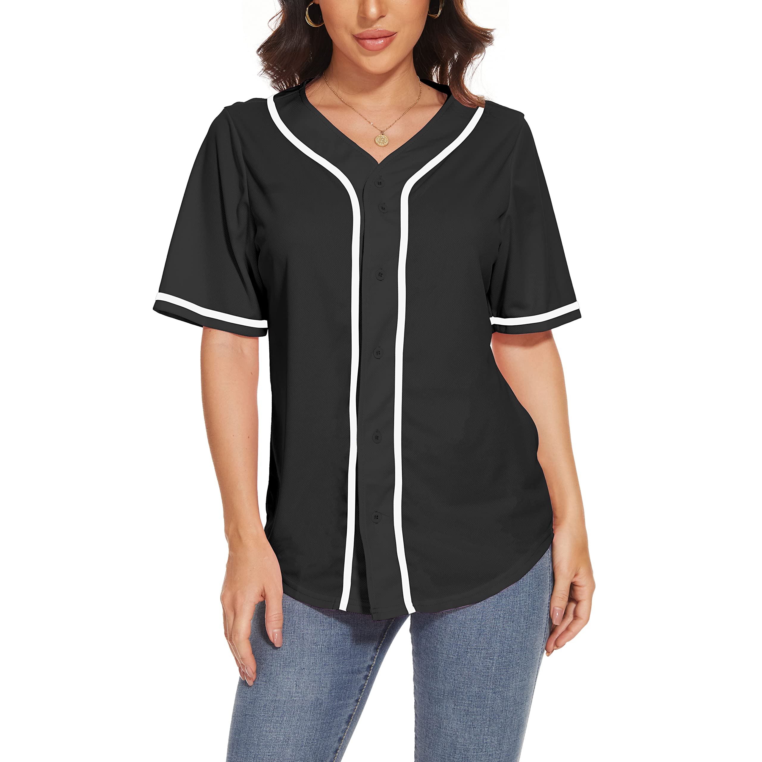 Women's Baseball Jerseys - Blank Button Down V-Neck Softball Team Uniform with Wide Stripes | Fashionable Short Sleeve Top for Casual Wear, Sports Games & Team Events