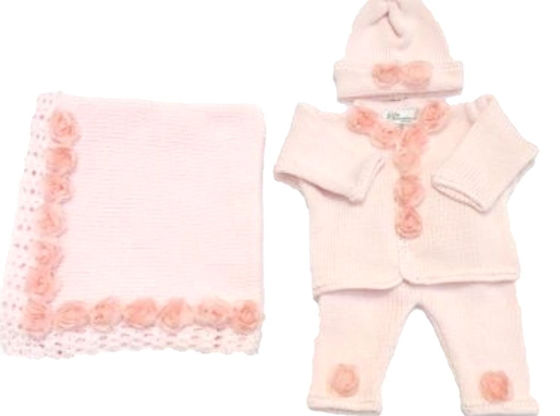 Pink Cotton Knitted & Crochet Sweater Pant Hat with Roses Blanket - Cozy Winter Outfit for Women & Baby - Perfect for Christmas Gifts, Photo Shoots & Nursery Decor