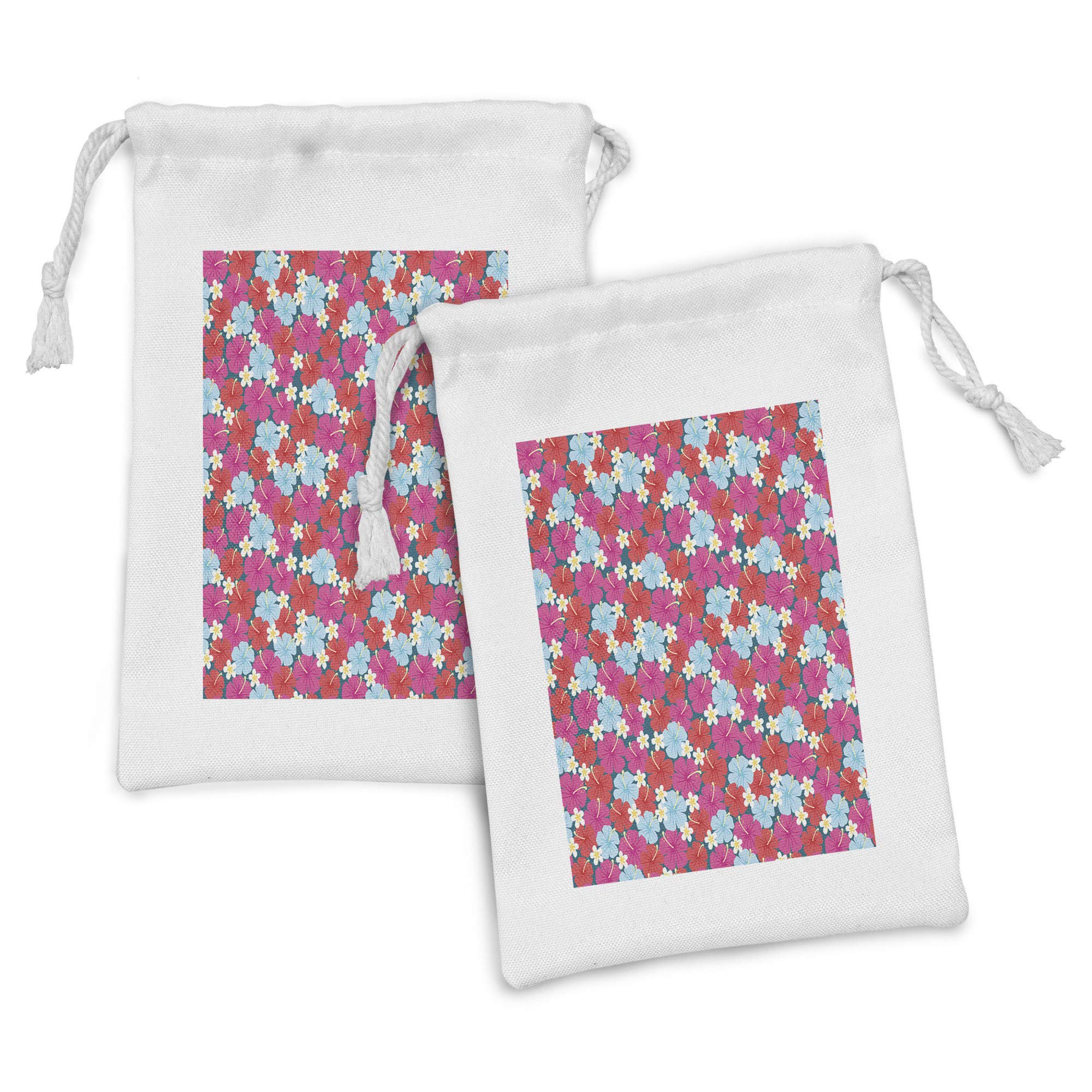 Ambesonne Hawaii Fabric Pouch Set of 2 - Vibrant Tropical Hibiscus Flower Print Drawstring Bags (9