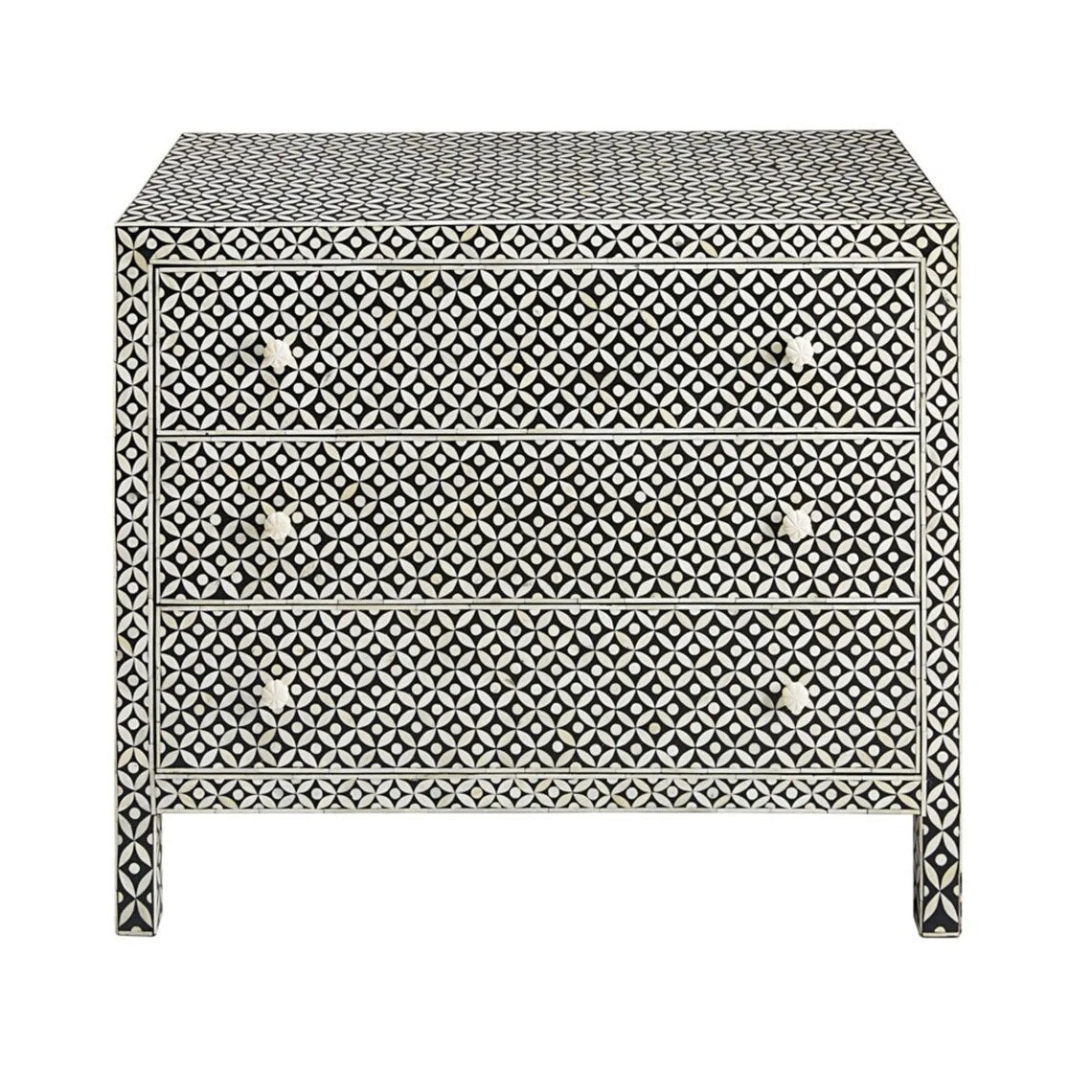 Handmade Bone Inlay Geometric Dresser with 3 Drawers - Black Vintage Bedroom Furniture for Master Bedroom, Guest Room & Boho Home Decor