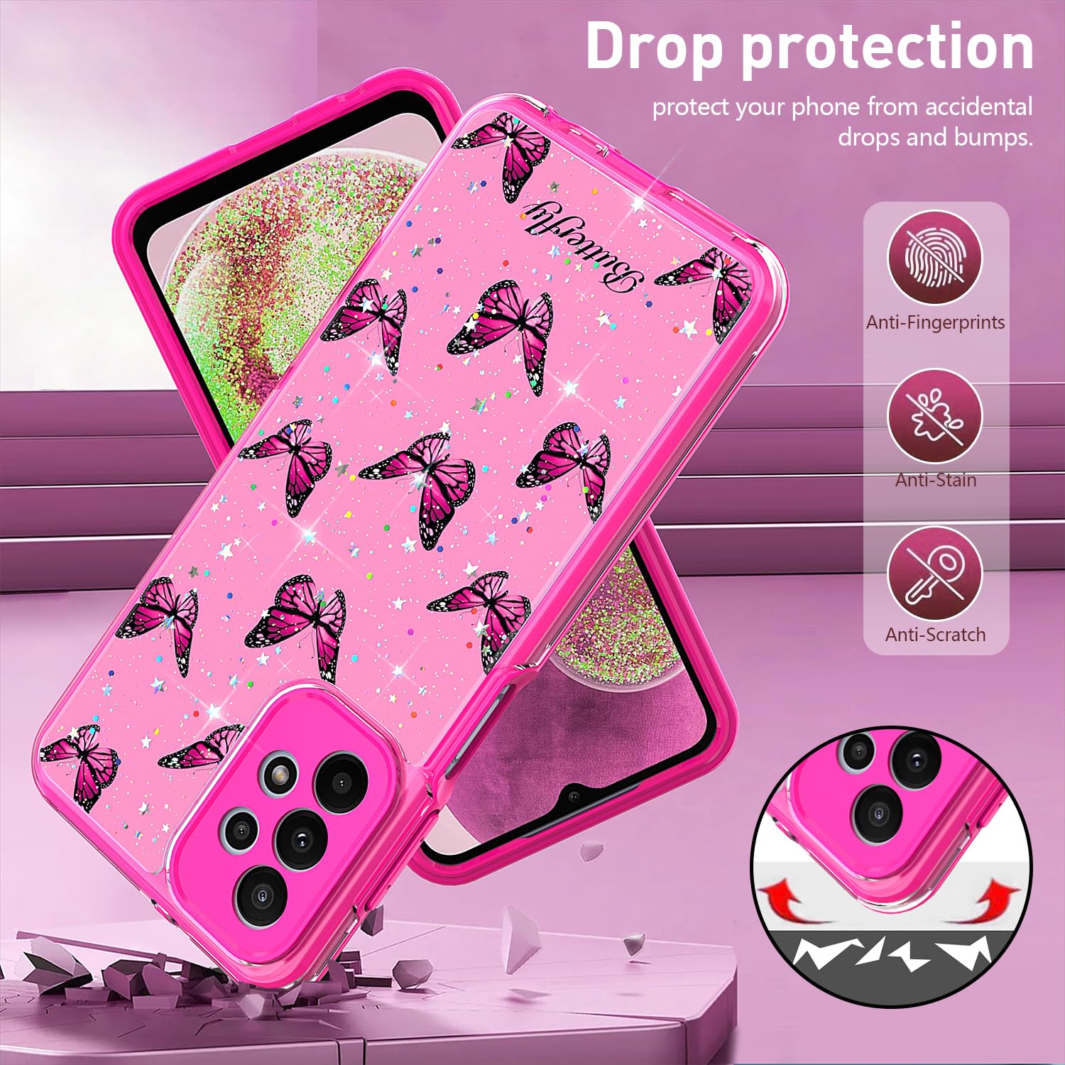 Samsung Galaxy A23 5G Case with Screen Protector [2 Pack] - Cute Glitter Butterfly Design, Slim Soft TPU Shockproof Bumper & Hard Back Cover for Women & Girls (Pink) - Perfect for Everyday Use, School, Work, and Travel Protection
