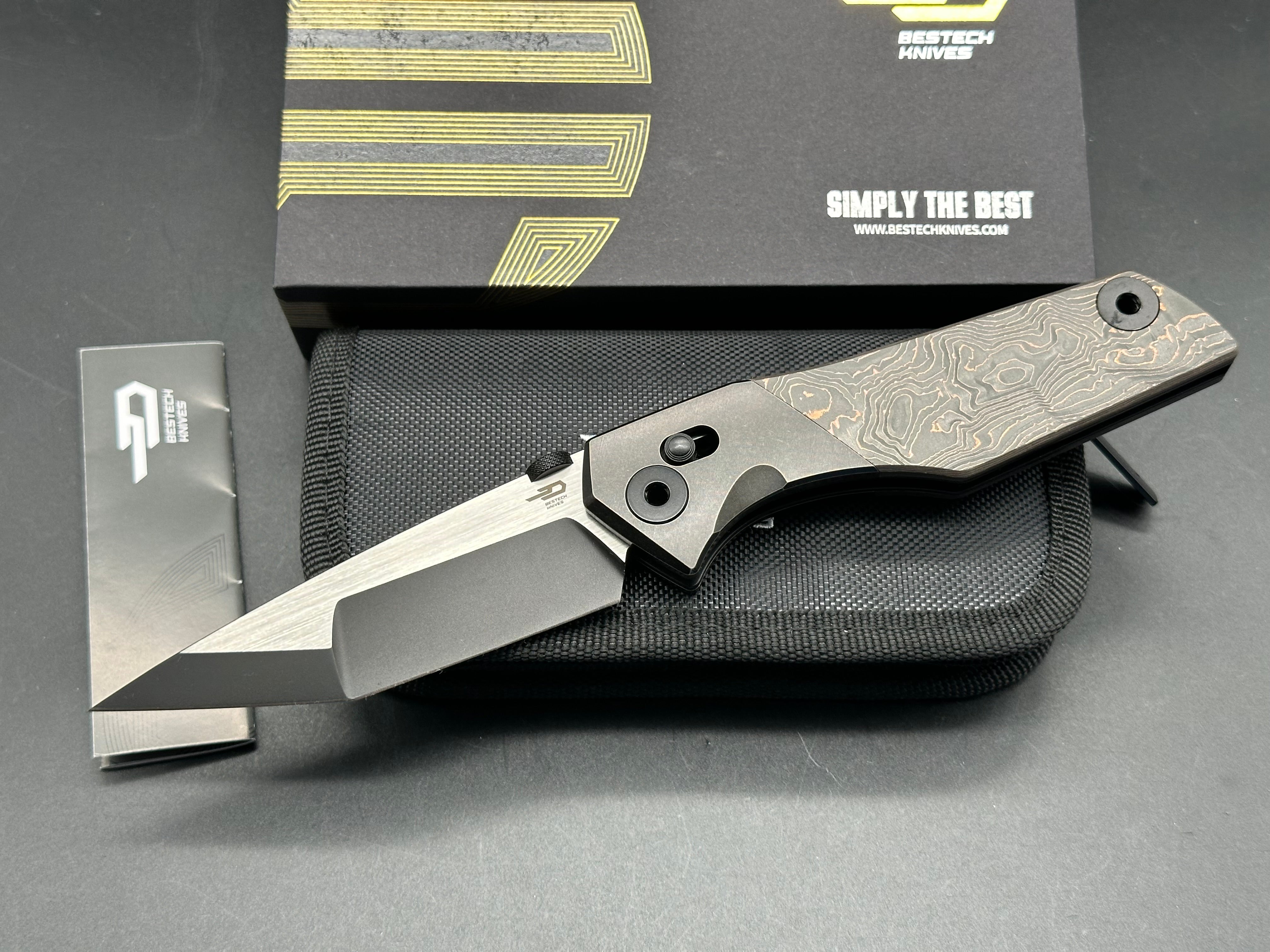 Bestech Poltergeist Works Cetus Folding Knife - Copper Foil Handle with Bronze Ti Bolster, Two-Tone Satin & DLC Black M390 Blade - EDC, Outdoor, Camping, Survival Gear