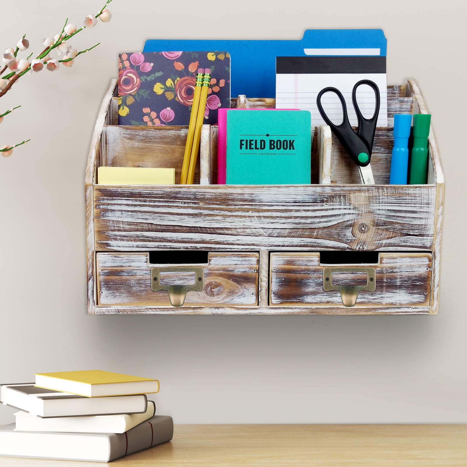 Distressed Wood Office Desk Organizer with 6 Compartments & 2 Drawers - Perfect for Organizing Pens, Notebooks, Mail, Folders & Office Supplies (Brown) | Ideal for Home Office, Workspace & Study Desk Organization