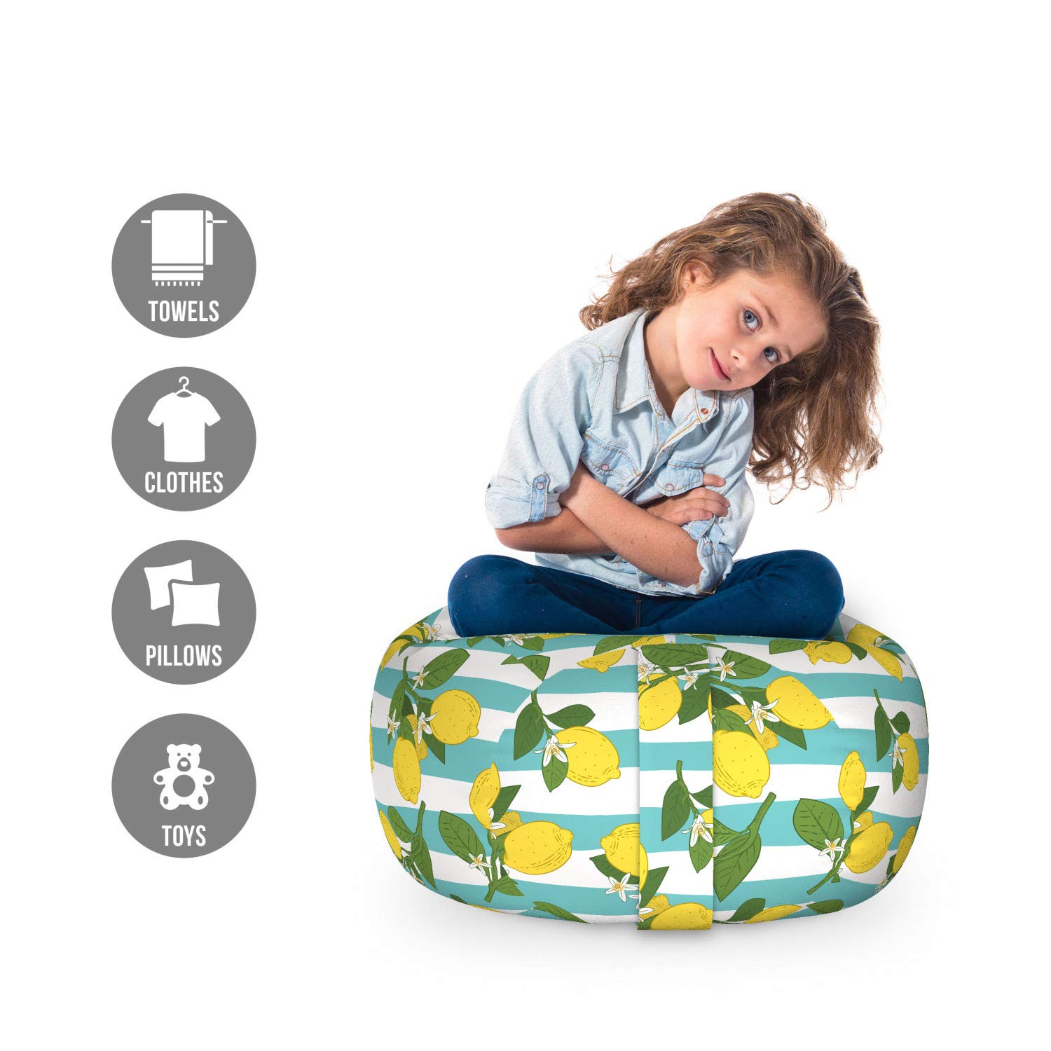 Ambesonne Lemon Print Storage Toy Bag Chair - Washable Stuffed Animal Organizer with Citrus Tree Design - Small Size in Seafoam Mustard | Perfect for Kids' Room, Nursery Organization & Toy Storage