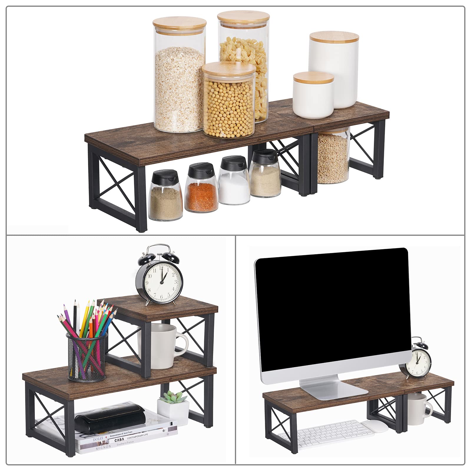 Giikin Wood Desktop Shelf - Adjustable 2-Tier Table Top Corner Shelf Stand for Kitchen Counter, Office Desk & Home Organization - Monitor Riser, Spice Rack, Cup Holder, Jar Organizer - Stackable Space-Saving Storage Solution for Small Spaces