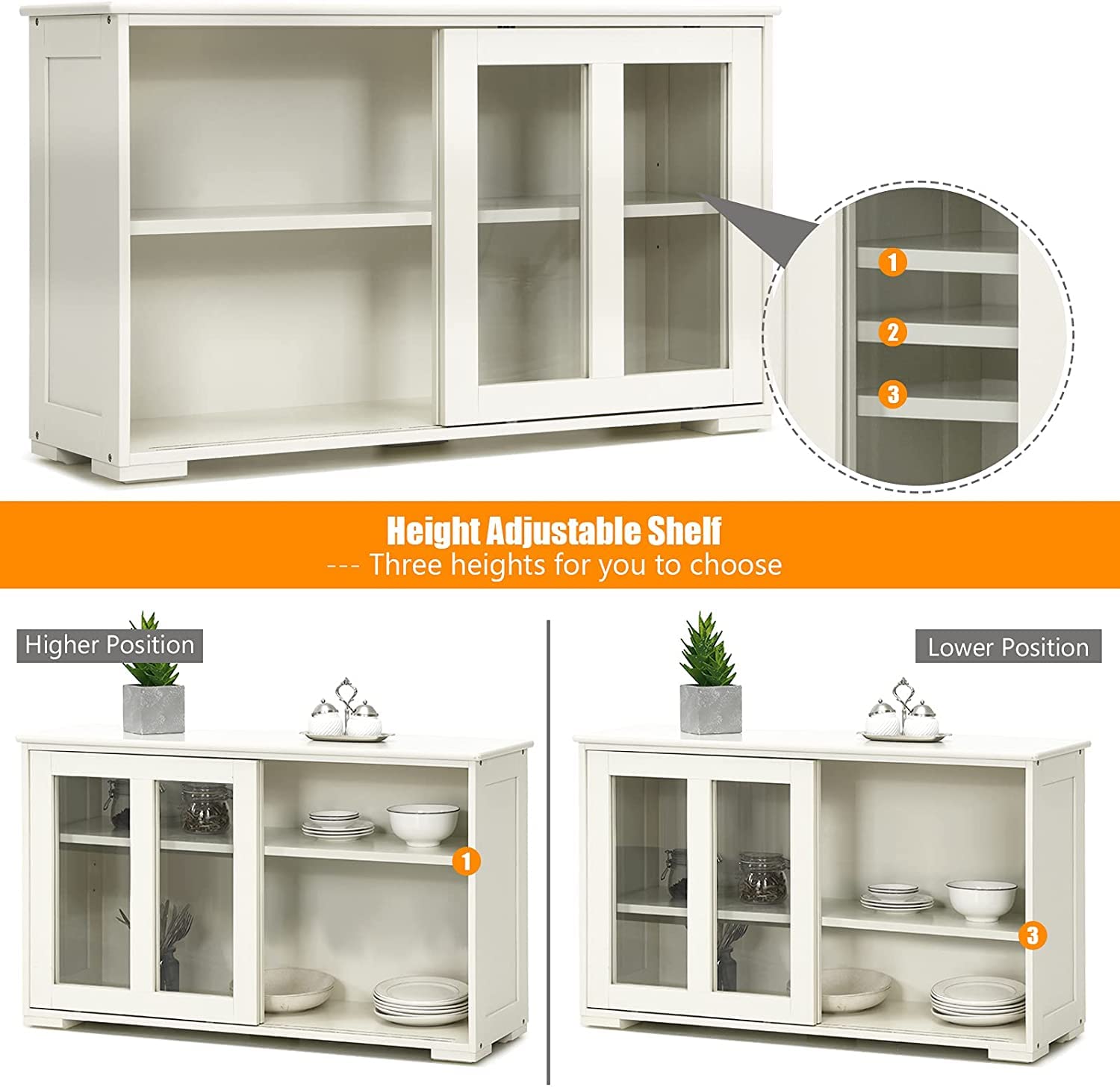 Stackable Sideboard Buffet Cabinet with Adjustable Shelves & Glass Sliding Doors - White Wooden Credenza Storage Table for Kitchen, Dining Room, Living Room | Perfect for Coffee Bar Setup, Entryway Organization & Home Decor