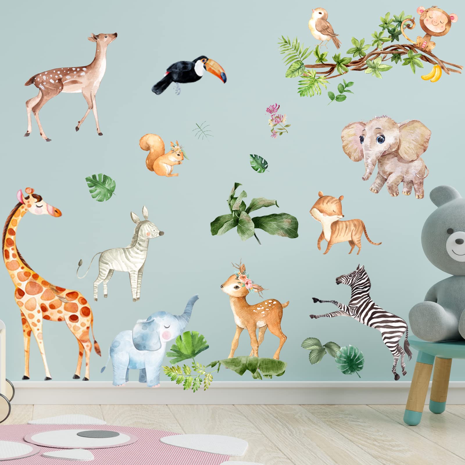 Jungle Wall Decals - Peel and Stick Floral Wall Stickers for Nursery, Kids Bedroom, Living Room & Playroom - Removable Home Wall Art Decor for Jungle Theme Party & Baby Shower Decorations