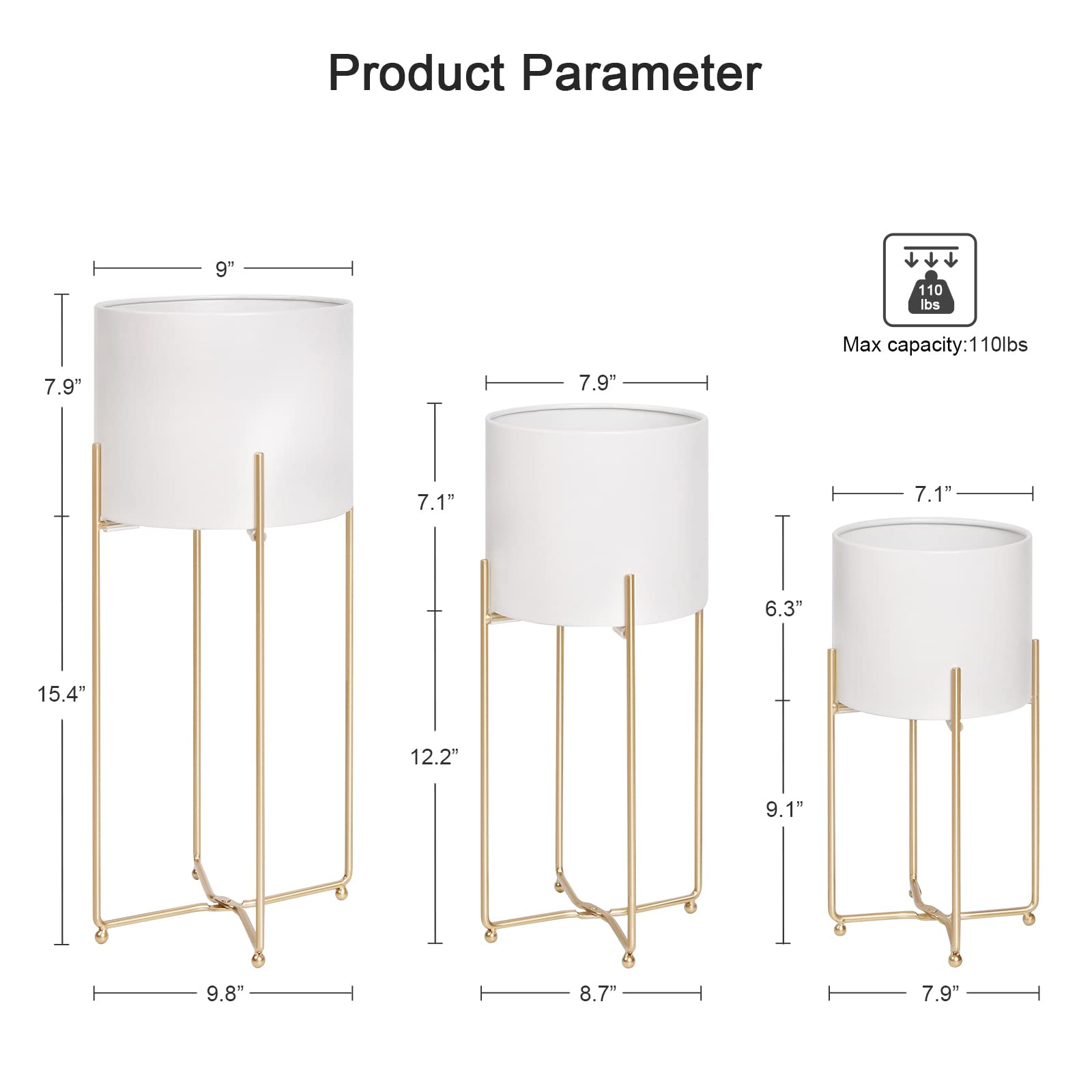 **Elegant White Metal Planters with Gold Stands - Set of 3 Large Indoor Flower Pots for Mid-Century Modern Decor (9/8/7 Inch) - Perfect for Living Room, Corner, Patio & Office Spaces**