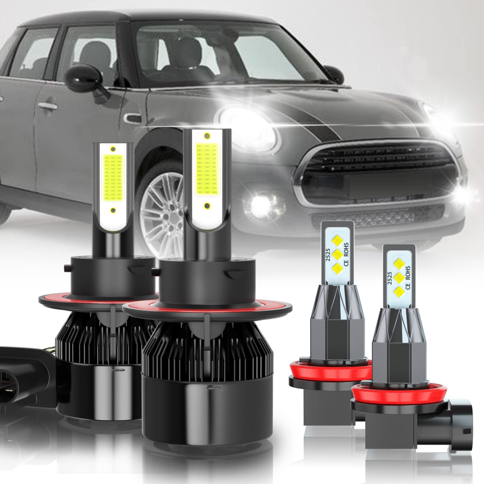 Mini Cooper LED Headlight Bulbs 9008/H11 High Low Beam & Fog Light Kit (2009-2017) - 60W 10000LM 6000K Xenon White Super Bright Replacement Bulbs, Plug & Play (4-Pack) - Perfect for Night Driving & Enhanced Visibility