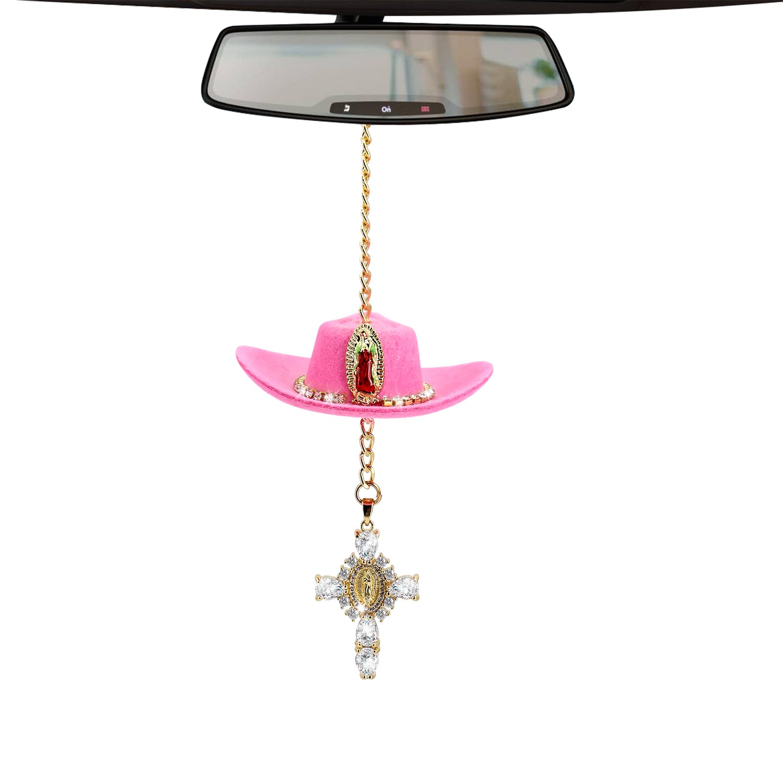 Cowboy Hat Crystal Cross Car Charm - Handmade Felt Mini Hat Ornament for Rearview Mirror, Pink Country Style Auto Interior Decor | Perfect for Western-Themed Vehicles, Truck Accessories & Country Music Lovers' Cars