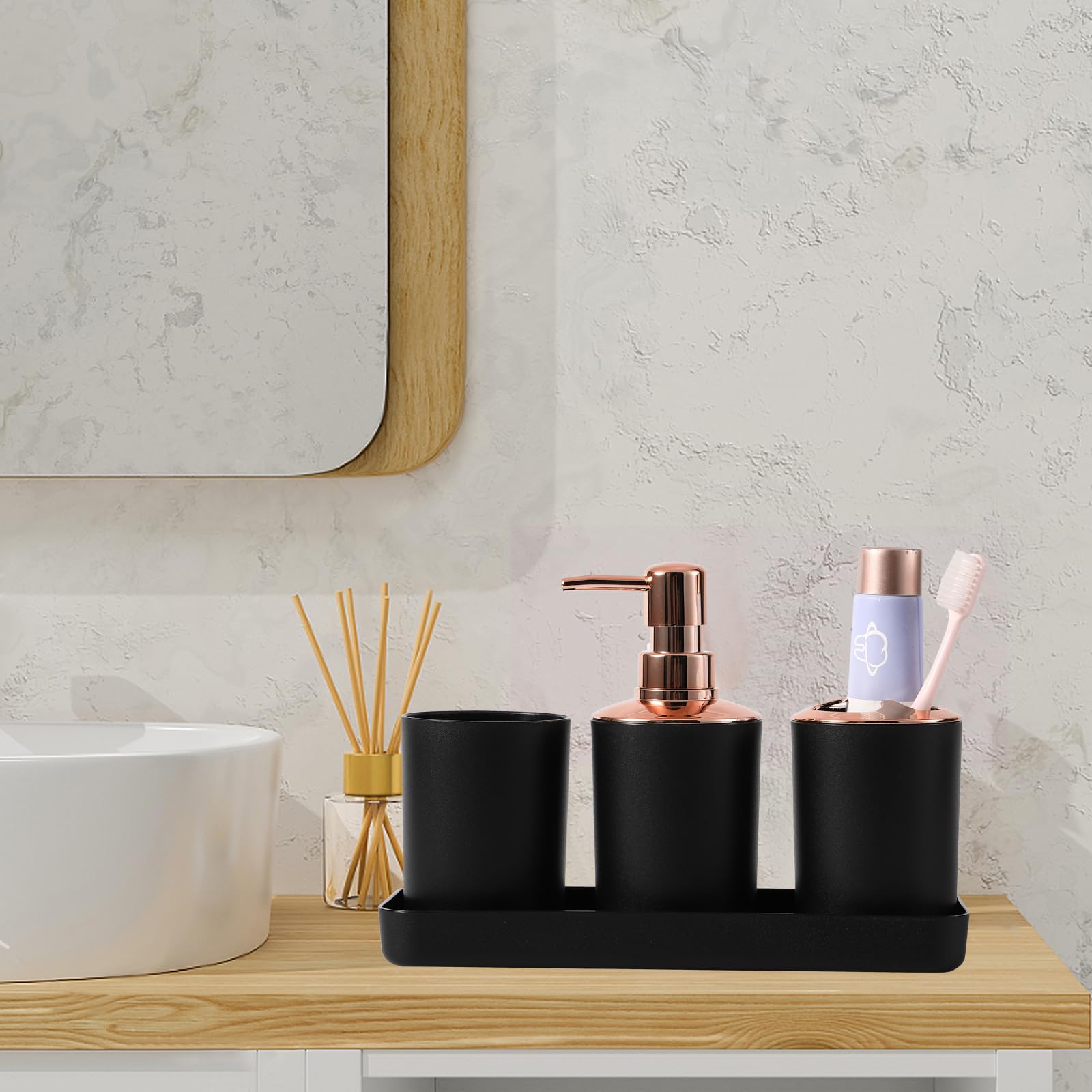 9-Piece Black Bathroom Accessories Set - Modern Trash Can, Soap Dispenser, Soap Dish, Toilet Brush with Holder, Toothbrush Holder, Tumbler Cup, Tray & Q-Tip Holders | Bathroom Countertop Organizer Essentials for Home & Hotel Use