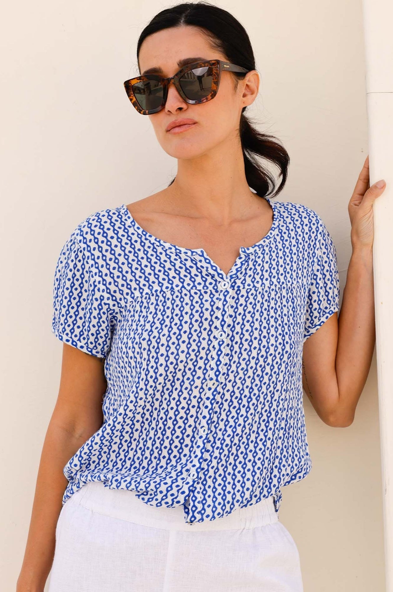 Lisbon Blouse - Santorini Border Blue & White Floral Print Women's Top | Casual Summer Beachwear & Vacation Outfit