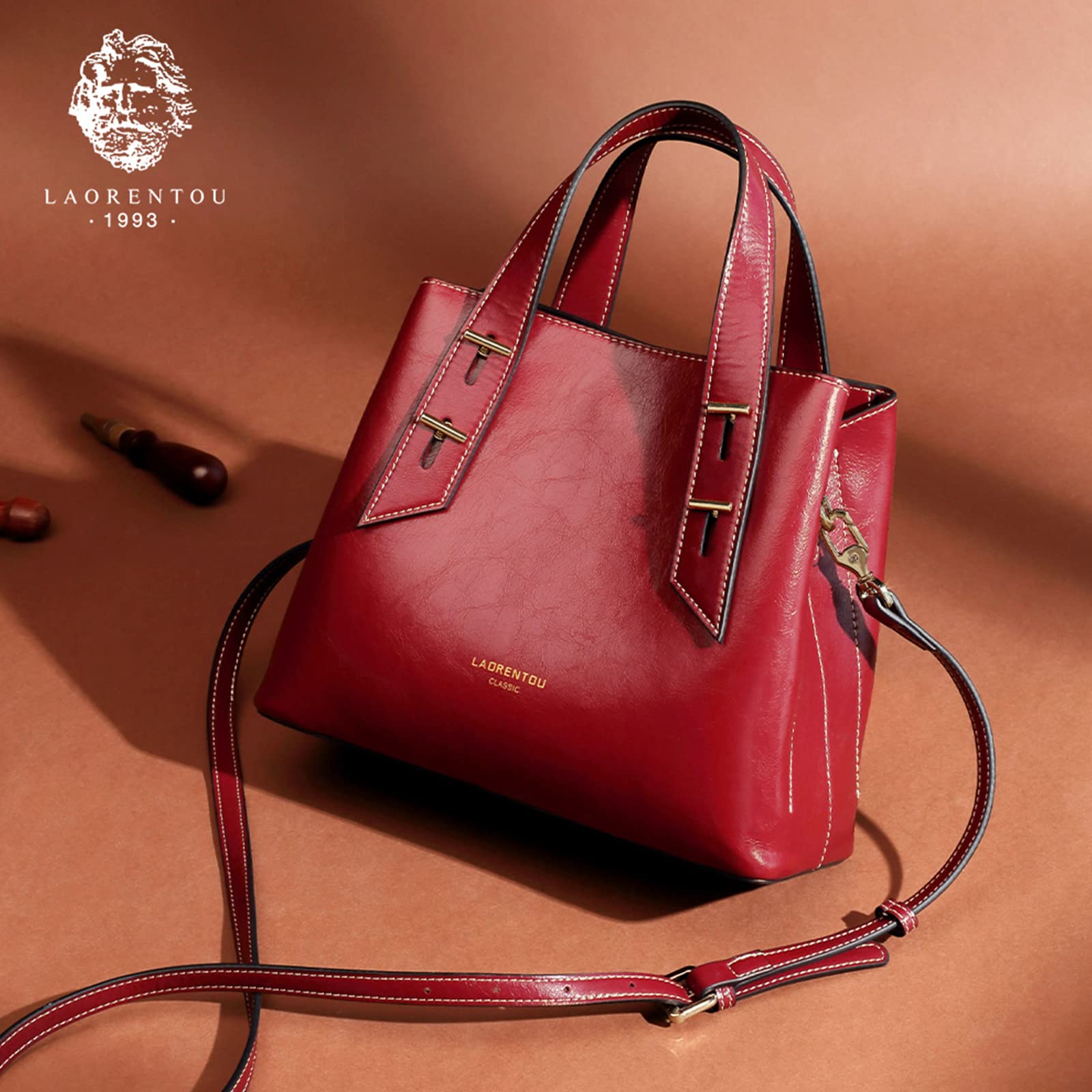 LAORENTOU Women's Crossbody Handbag - Genuine Cow Leather Satchel with Top Handle & Shoulder Strap - Stylish Tote Purse for Work, Travel & Everyday Use