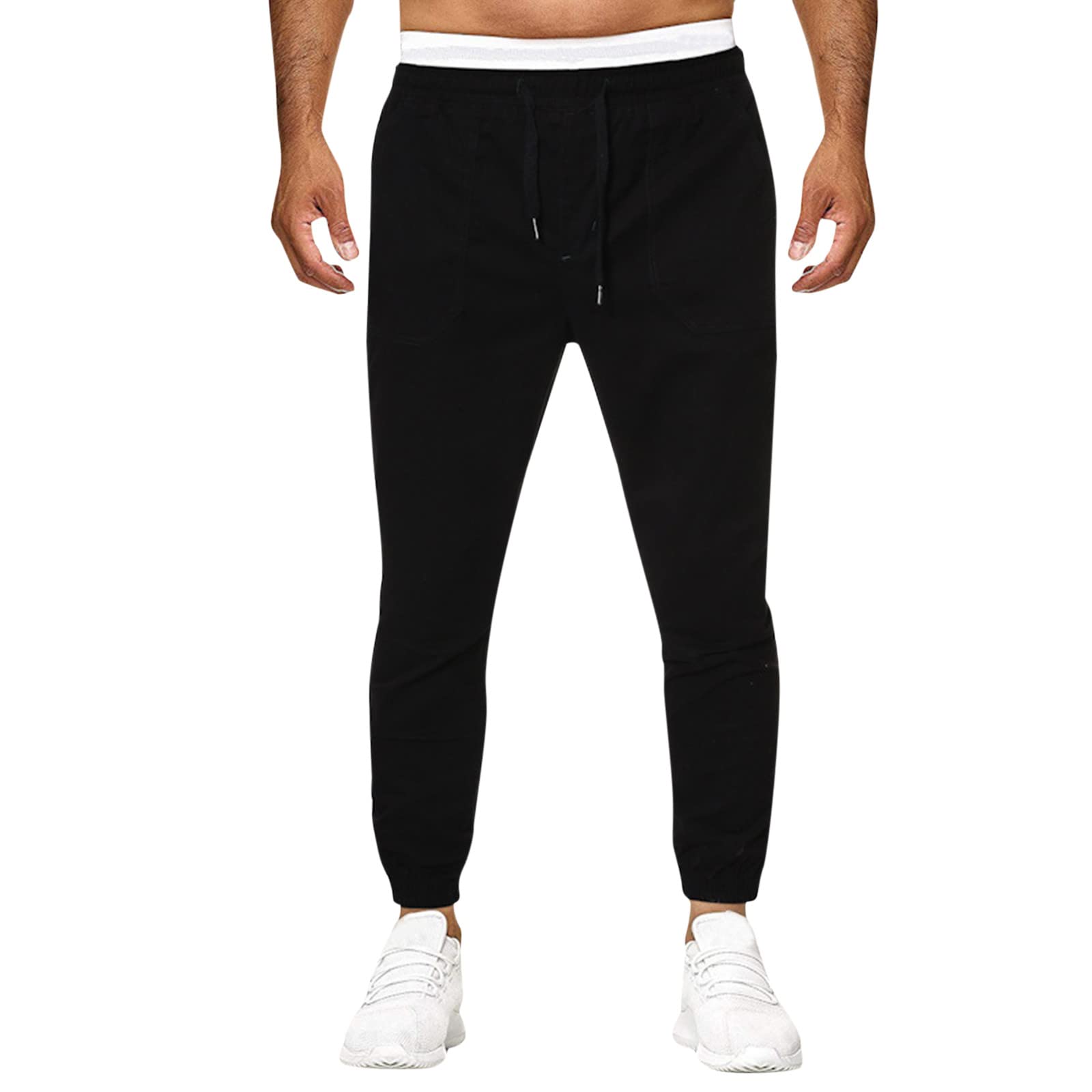 Relaxed Straight Leg Men's Jeans with Elastic Waist & Drawstring - Casual Solid Black Trousers with Pockets for Everyday Wear & Outdoor Activities