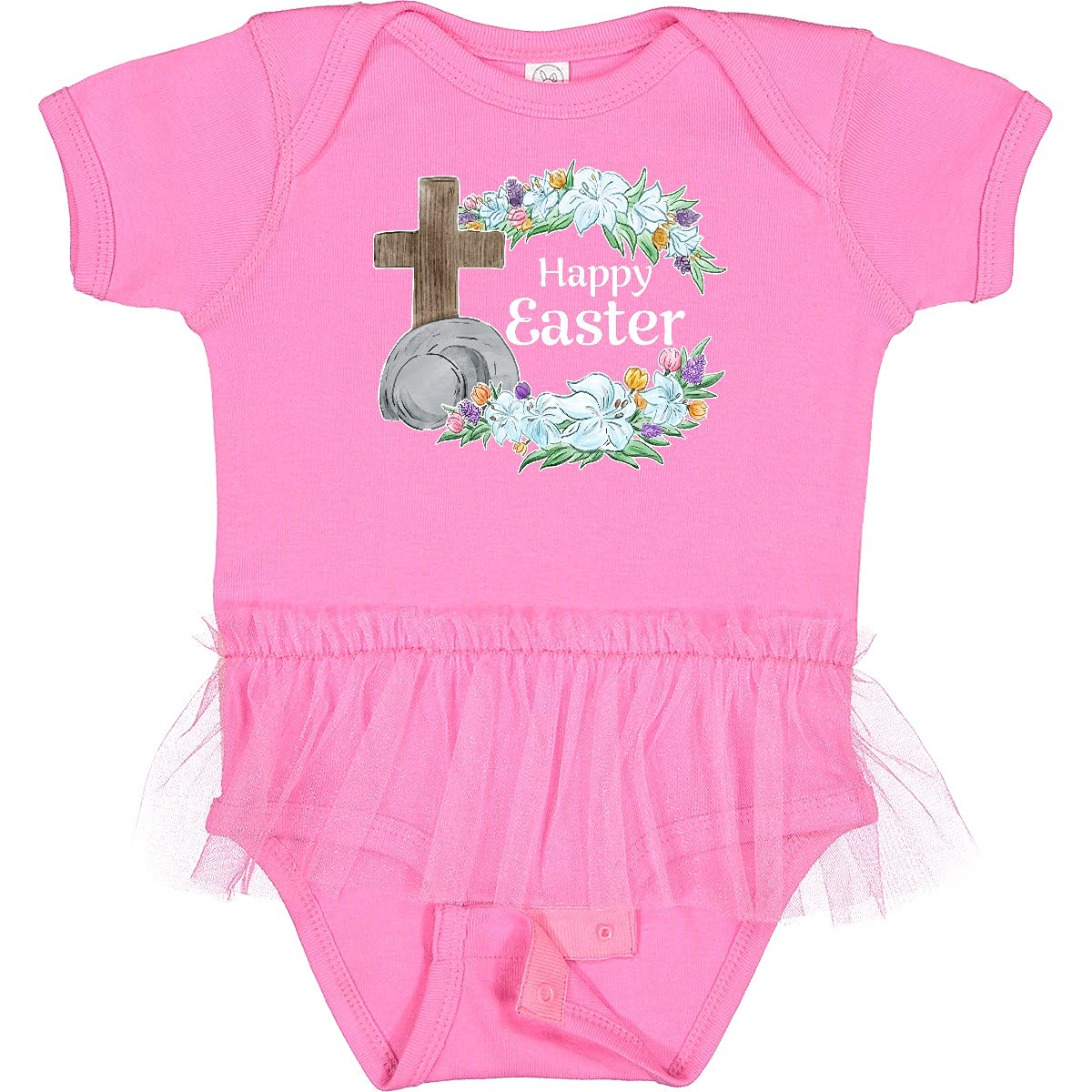 Inktastic Happy Easter with Cross and Flowers Infant Tutu Bodysuit - Cute Easter Outfit for Baby Girls, Baptism & Spring Photoshoots