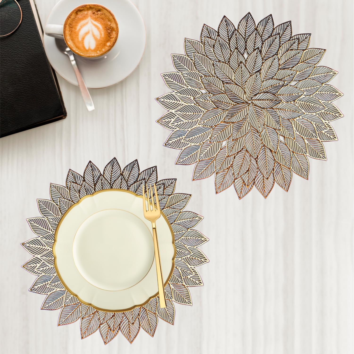 Kuber Industries Round Flower Table Mats Set of 2 - Golden Non-Slip Dining Table Mats, Bedside Table Mats, Center Table Mats & Table Runner for Home Decor, Bedroom, Living Room & Dining Room
