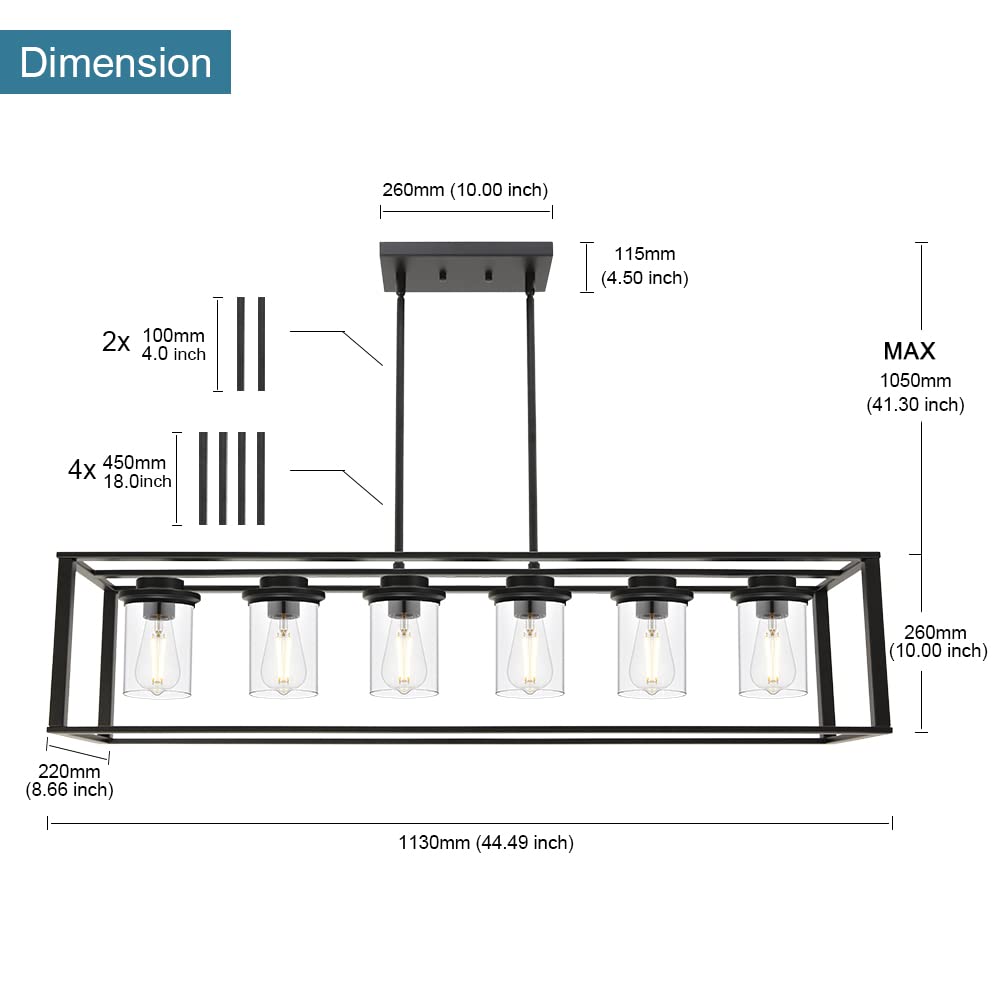 6-Light Linear Pendant Light Fixture with Clear Glass Shade - Farmhouse Black Frame Chandelier for Kitchen Island, Dining Room - Perfect for Modern Farmhouse, Rustic & Industrial Home Decor