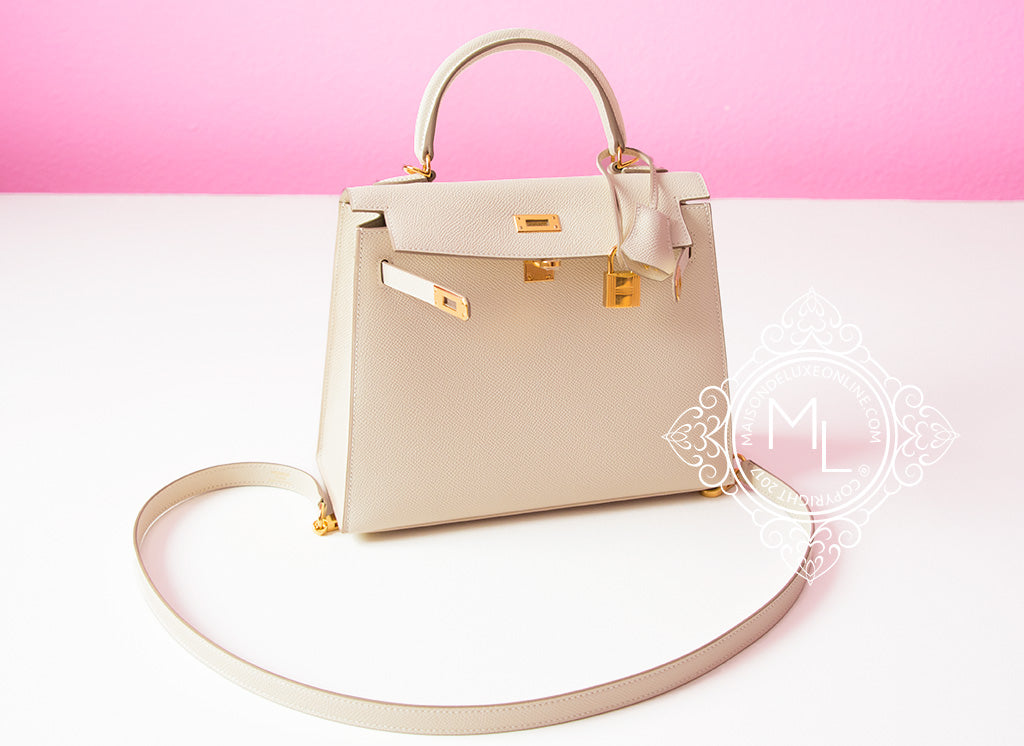 Authentic Hermes Kelly 25 Handbag in Craie Epsom Leather with Gold Hardware (GHW) - Luxury Designer Shoulder Bag for Women, Perfect for Work, Parties & Special Occasions