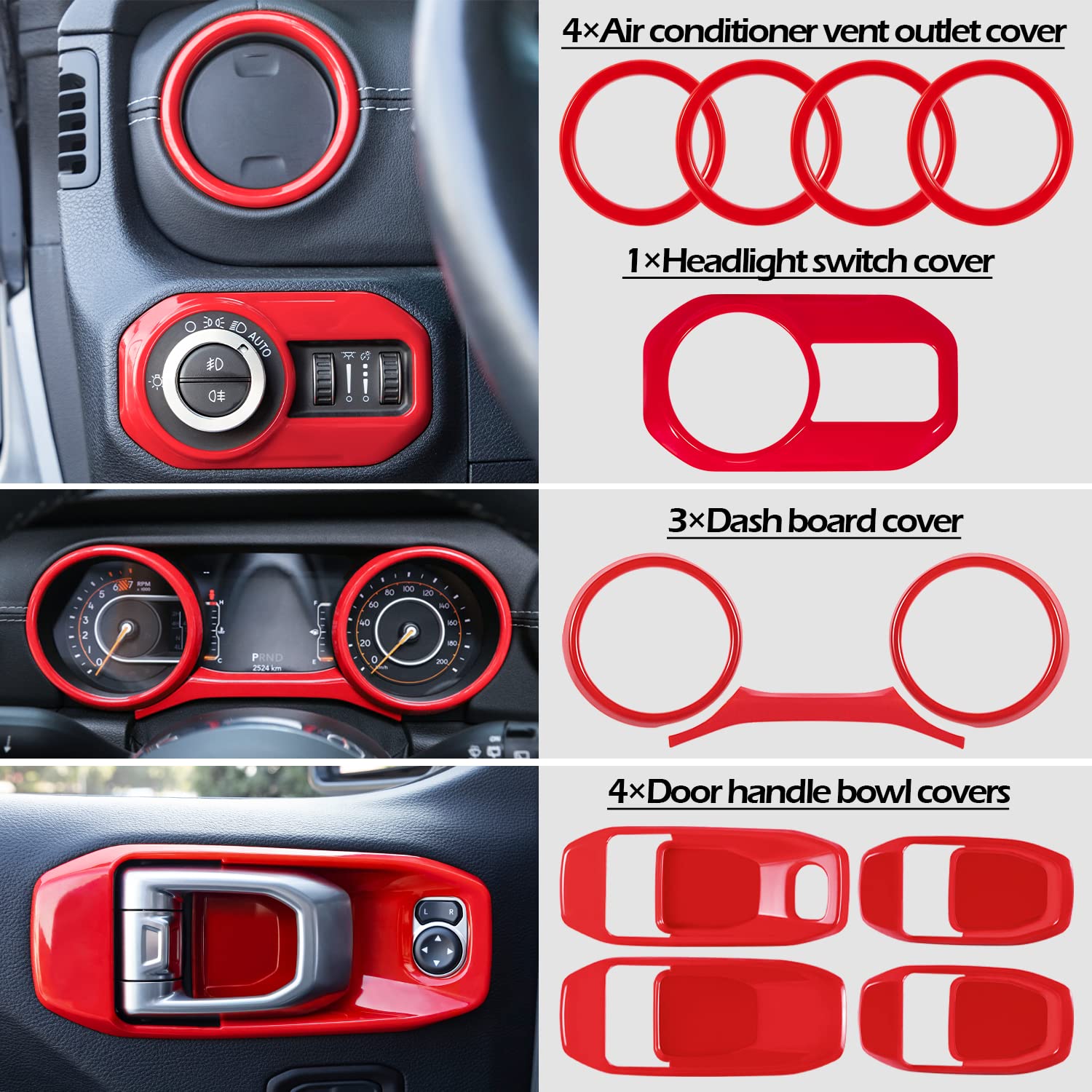 21PCS Full Interior Trim Kit for Jeep Wrangler JL JLU 2018-2023 & Gladiator JT - Red Air Vent, Door Handle, Speaker & Switch Covers | Upgrade Your Jeep's Interior Style for Off-Road Adventures & Daily Driving