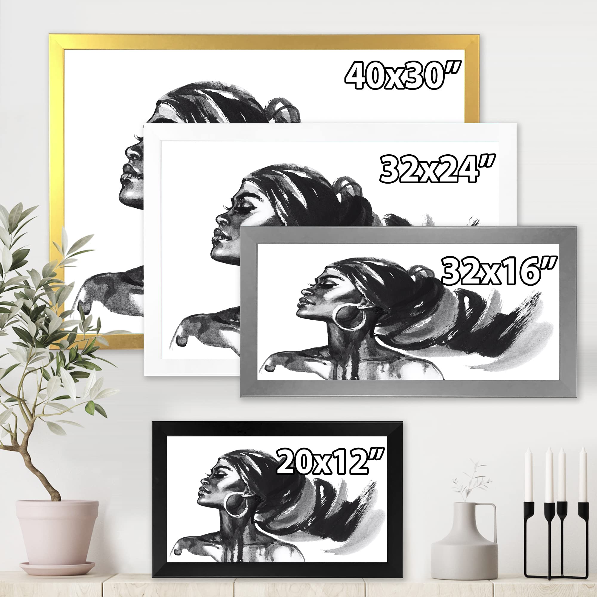 Modern Black & White Portrait of African American Woman - Framed Wall Art Decor for Living Room, Bedroom & Office | DesignQ Collection