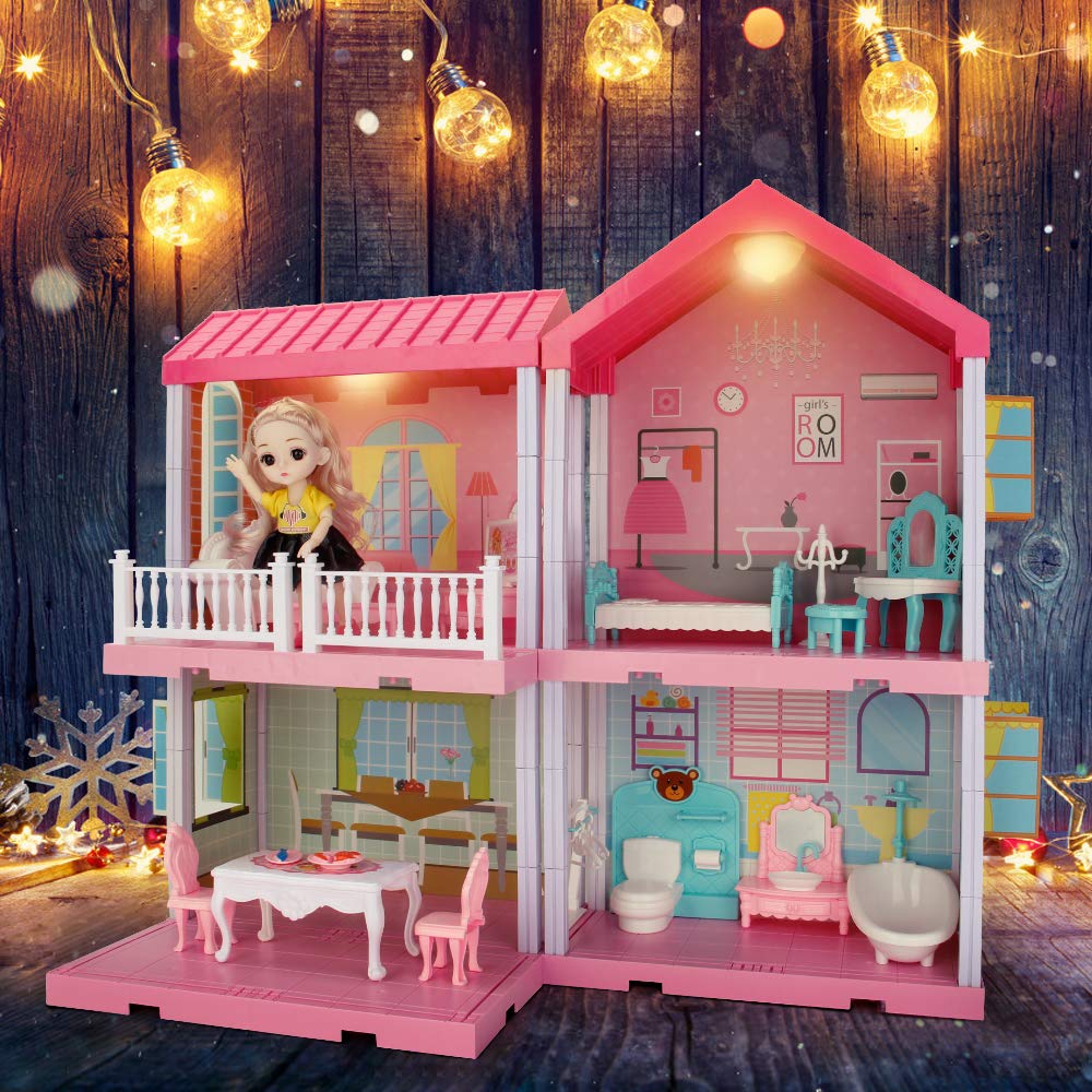 Elf Lab Dollhouse Dreamhouse Building Toys - Princess Doll House Playset with Lights, Furniture, Accessories & Dolls - 4 Room Cottage Pretend Play Set - DIY Creative Gift for Girls & Toddlers - Perfect for Imaginative Play, Birthday Gifts & Preschool Learning Activities
