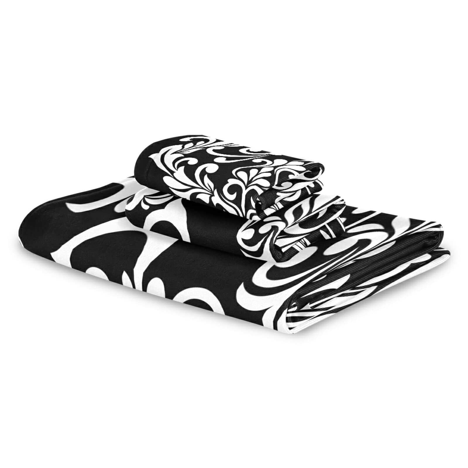 Luxury Black Damask Baroque Floral Bath Towels - Ultra Soft & Highly Absorbent - Set of 3 for Home, Hotel & Spa - Perfect for Bathroom Decor, Guest Towels & Luxury Bath Experience