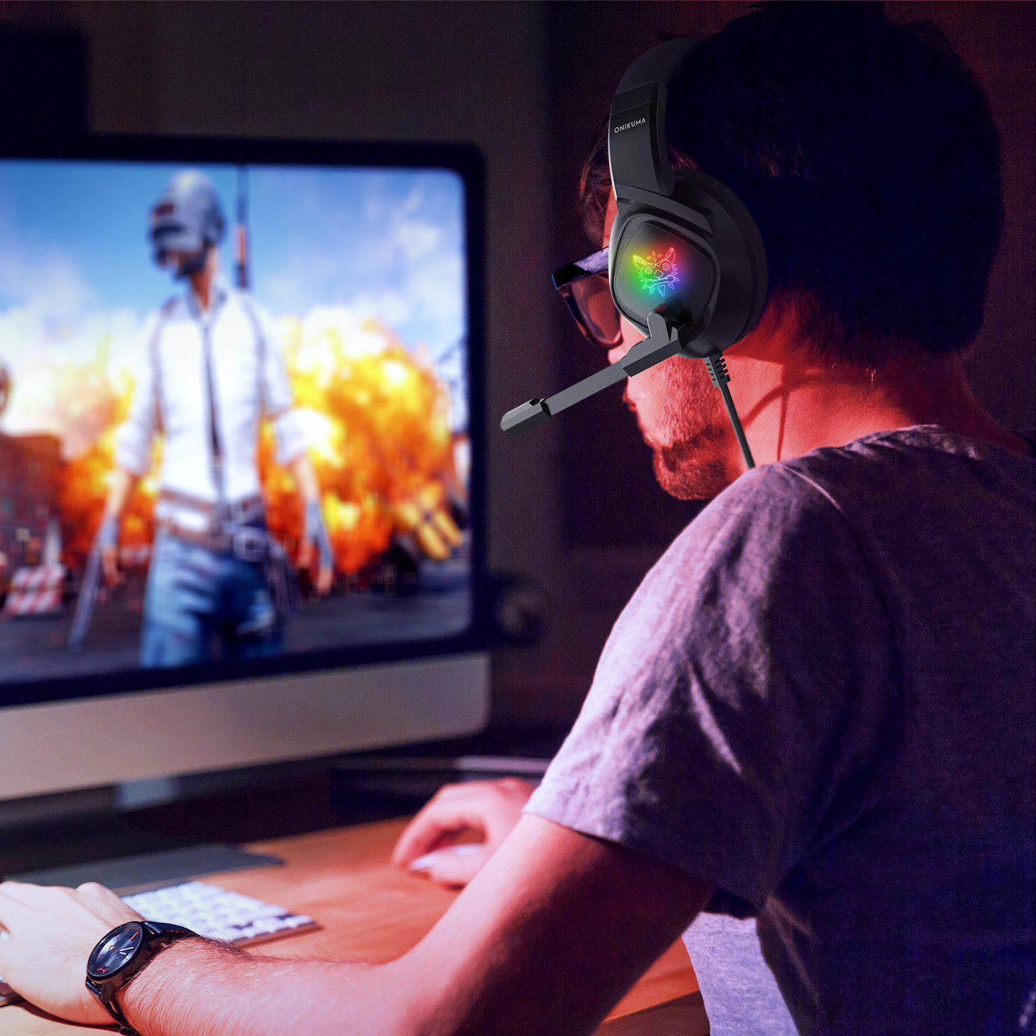 ONIKUMA K19 Professional Gaming Headset with RGB LED Lights - Noise Cancelling Mic, Comfortable Ear Cushions for PC, PS4, Xbox - Perfect for FPS Games & Late Night Gaming Sessions