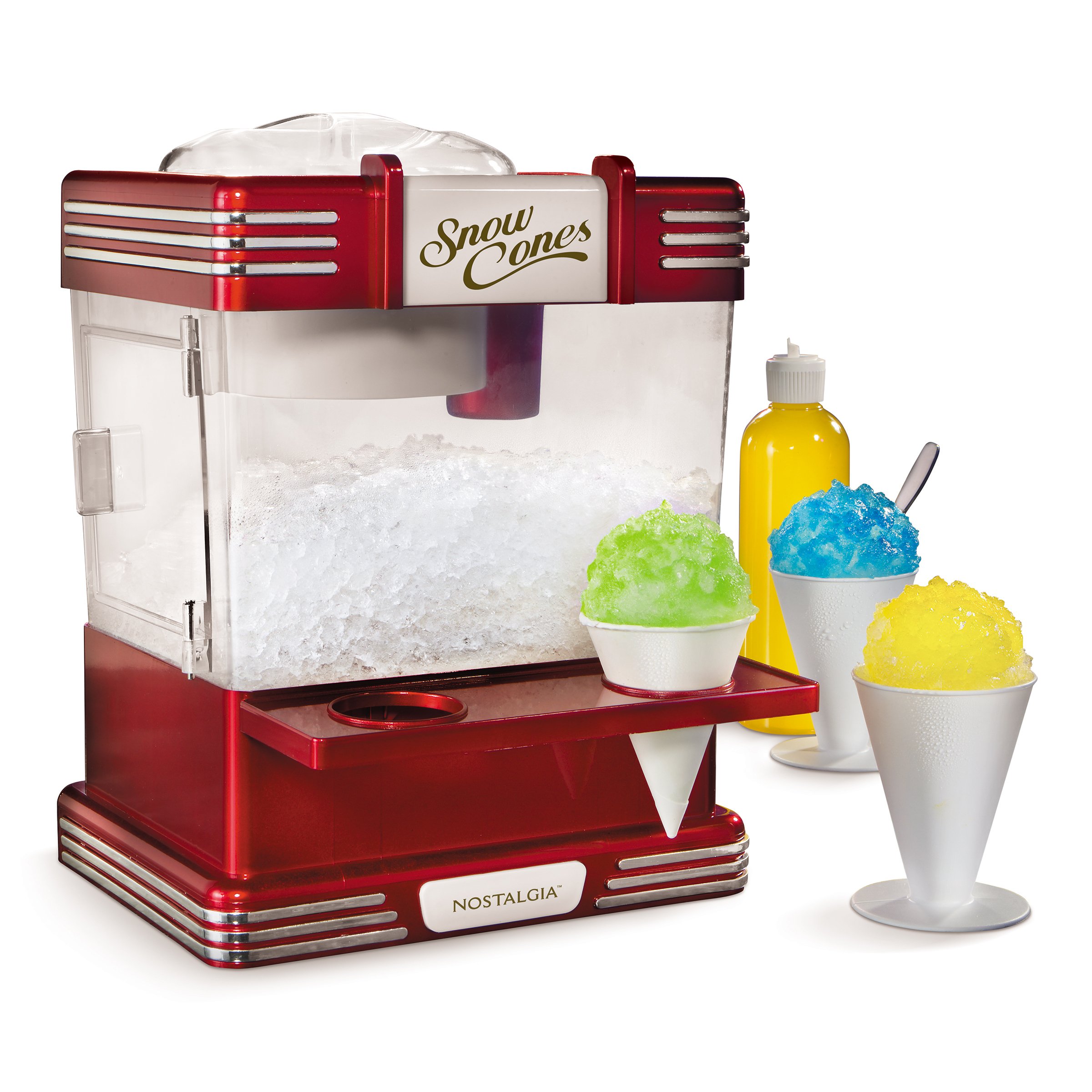 Nostalgia RSM602 Retro Red Countertop Snow Cone Machine - Makes 20 Icy Treats, Includes 2 Reusable Cups & Ice Scoop | Perfect for Parties, Summer Treats & Family Fun