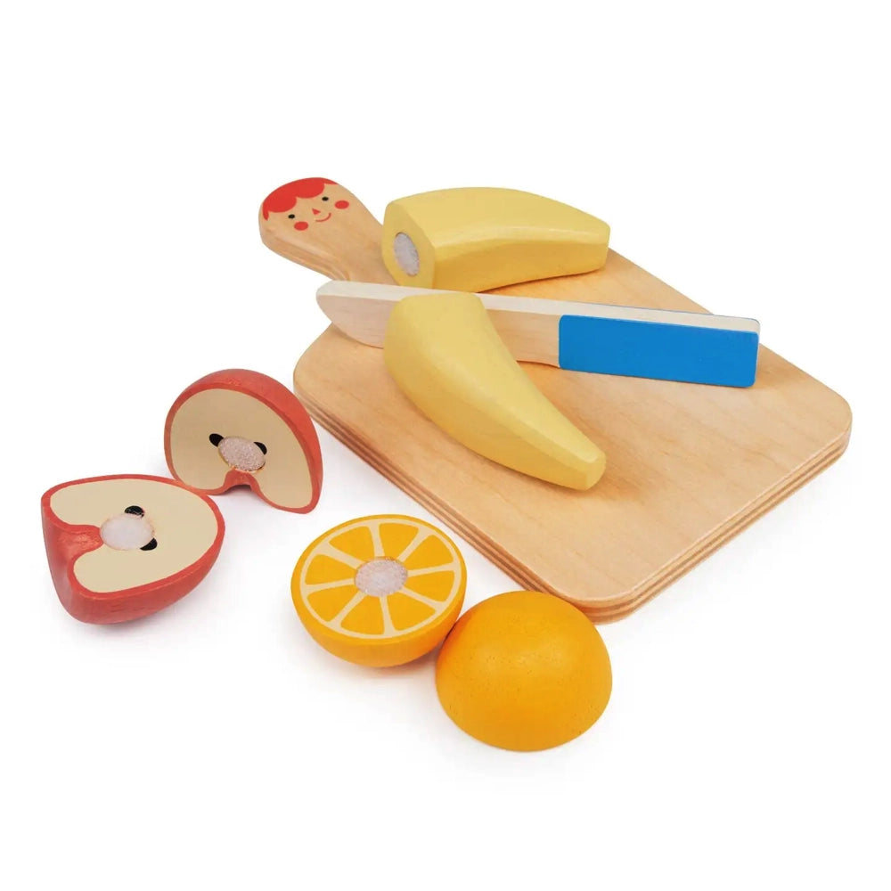 Mentari Toys Smiley Fruit Chopping Board - Colorful Wooden Cutting Board for Kids, Safe & Fun Kitchen Play - Perfect for Pretend Play, Learning Fruits, and Developing Fine Motor Skills
