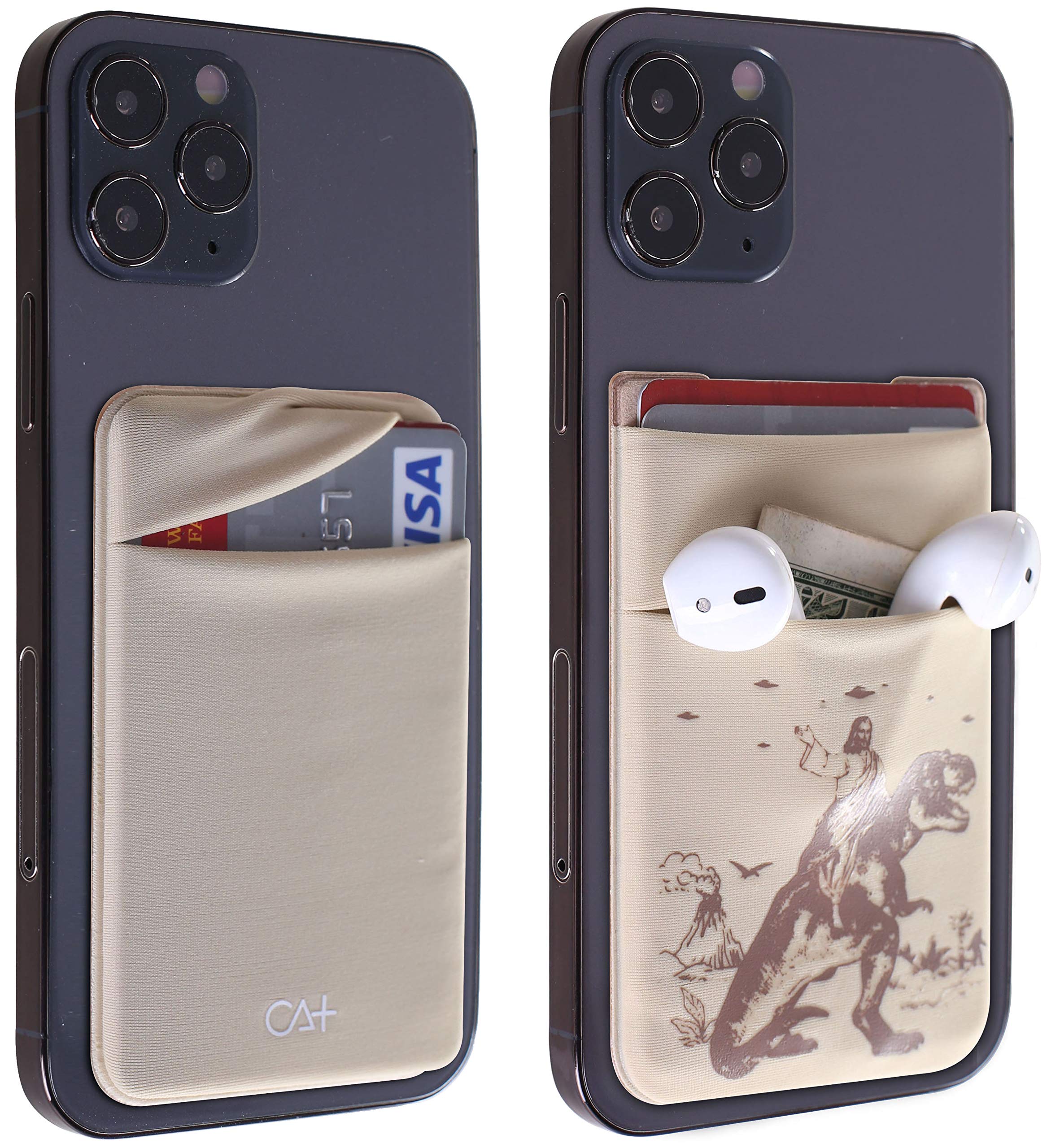 Stick On Phone Wallet Card Holder - Durable Adhesive Sticker for Credit Cards, ID & Cash (Gold/Dinosaur Design) | Perfect for Hands-Free Shopping, Travel & Everyday Use