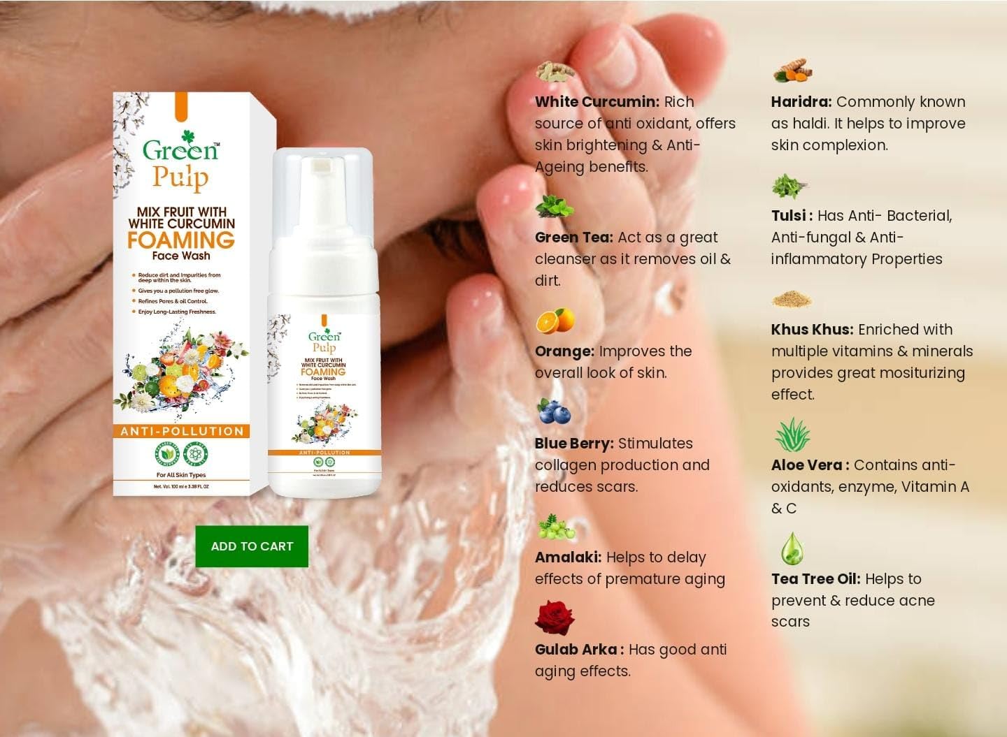 GREEN PULP Mix Fruit White Curcumin Anti Pollution Foaming Face Wash for All Skin Types - Gentle Cleansing for Daily Skincare Routine & Pollution Protection