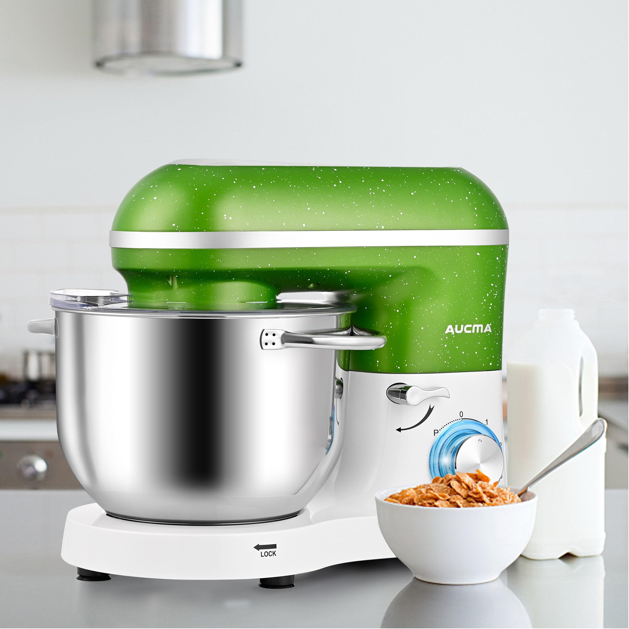 Aucma 6.5QT 660W Stand Mixer - 6-Speed Tilt-Head Electric Kitchen Mixer with Dough Hook, Wire Whip & Beater (Green-White) - Perfect for Baking Cakes, Cookies, Bread & Pastries at Home