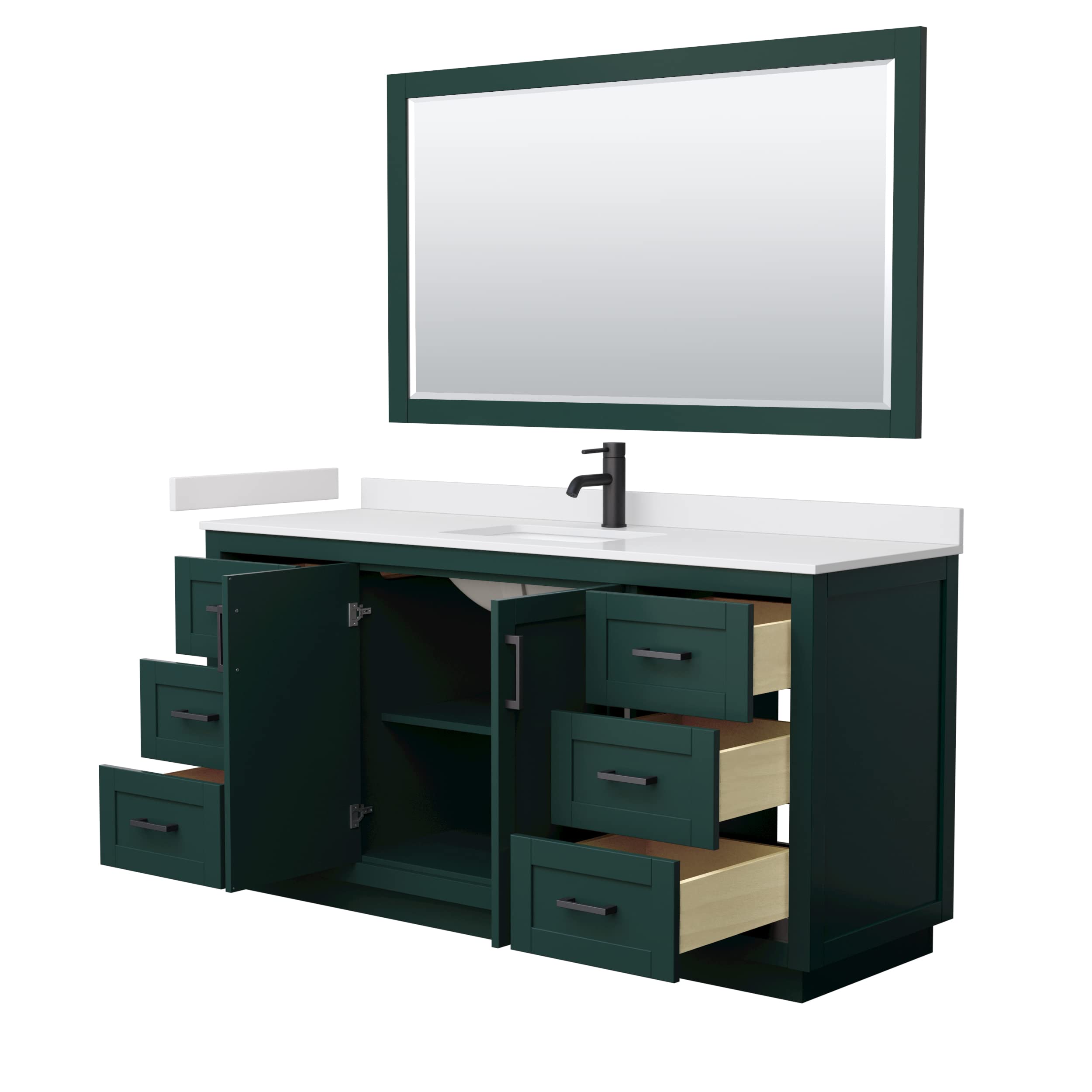 Wyndham Collection Miranda 66 Inch Single Bathroom Vanity with White Cultured Marble Countertop & Undermount Sink - Green Finish, Matte Black Trim, Includes 58 Inch Mirror | Perfect for Modern Bathroom Renovations & Home Upgrades