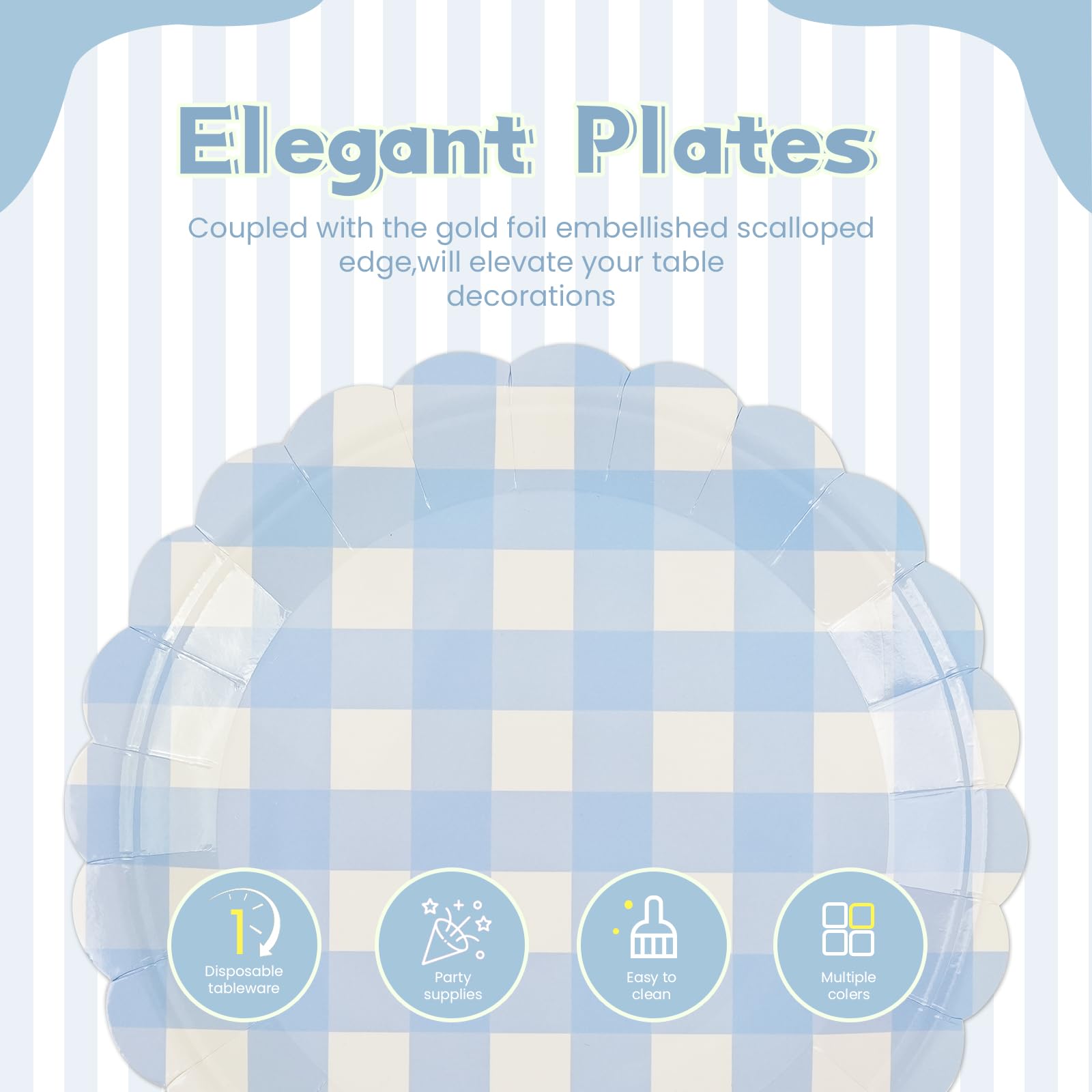 50PCS Light Blue Scalloped Paper Plates - 7 Inch Striped Disposable Dessert Plates for Cake, Salad, Fruit | Elegant Party Supplies for Birthday, Baby Shower, Wedding & Special Events | Perfect for Indoor/Outdoor Gatherings & Festive Celebrations