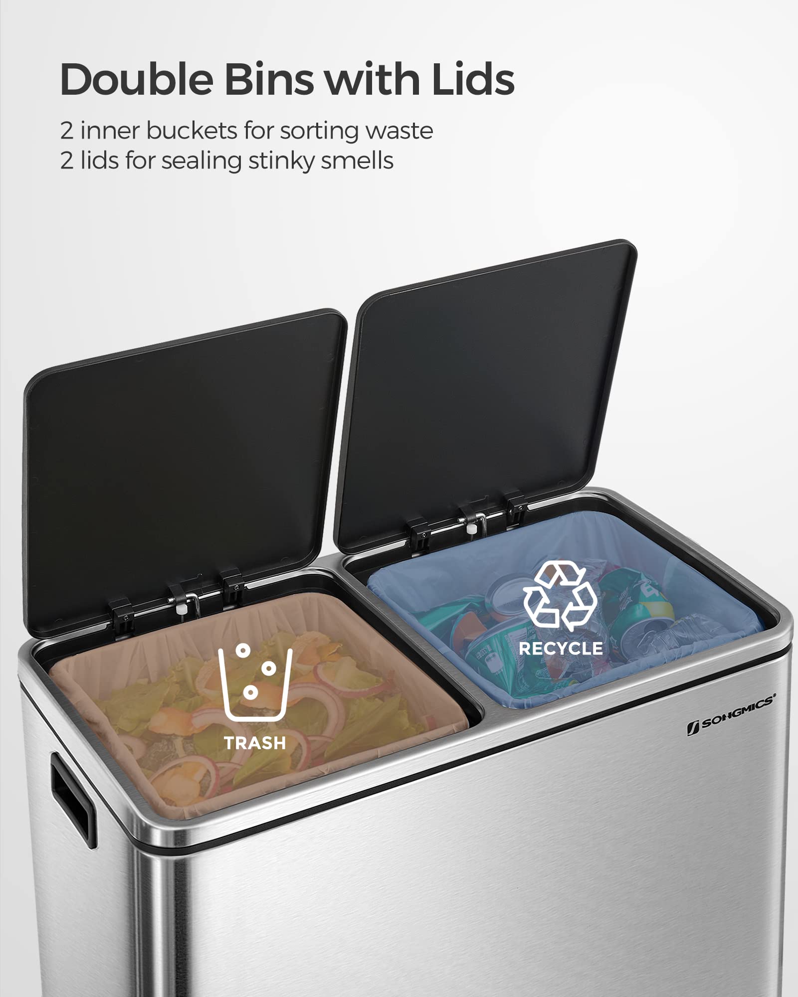 SONGMICS 8 Gallon (30L) Dual Compartment Trash Can with Hinged Lid - Airtight Kitchen Garbage Bin, Includes 15 Trash Bags & Plastic Inner Buckets, Silver & Black (ULTB60NL) - Perfect for Home, Office, and Restaurant Waste Disposal