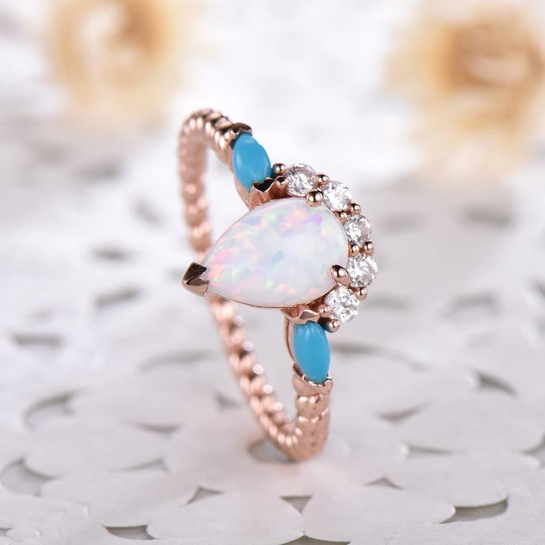 Vintage Art Deco Rose Gold Pear Shaped Opal Engagement Ring with CZ Diamond & Turquoise Accents – Elegant Bridal Jewelry for Women, Wedding, Promise, Anniversary Gift – Perfect for Proposals, Romantic Occasions & Special Celebrations