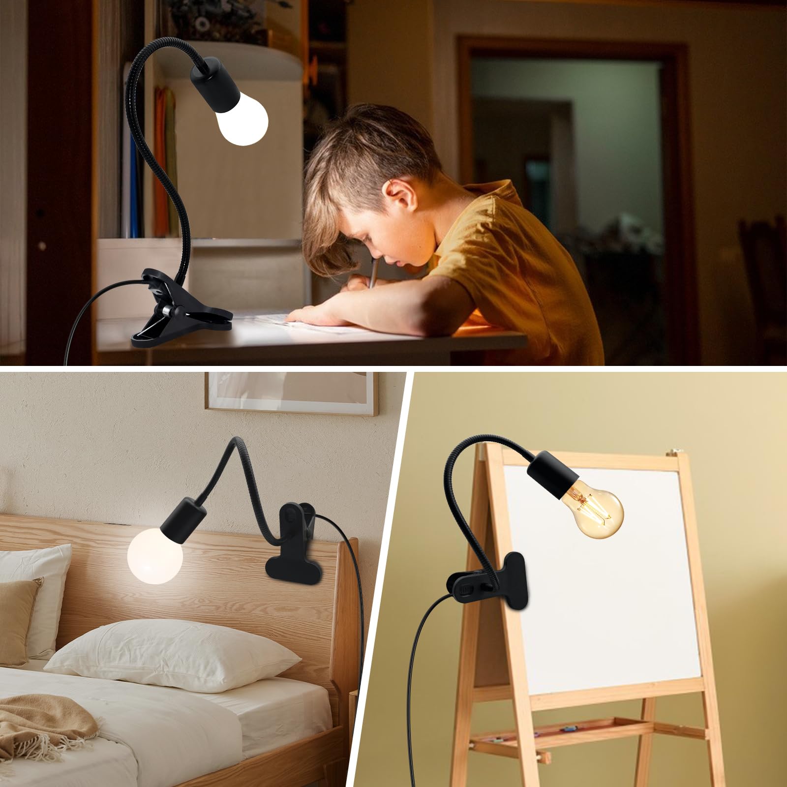 WTETMYL 240CM Cord Clamp Light Socket - E26/E27 Clip Lamp Holder with 360° Flexible Arm & On/Off Switch | Portable Desk Lamp for Home Office, Reading, Plant Growth Lighting (Black)