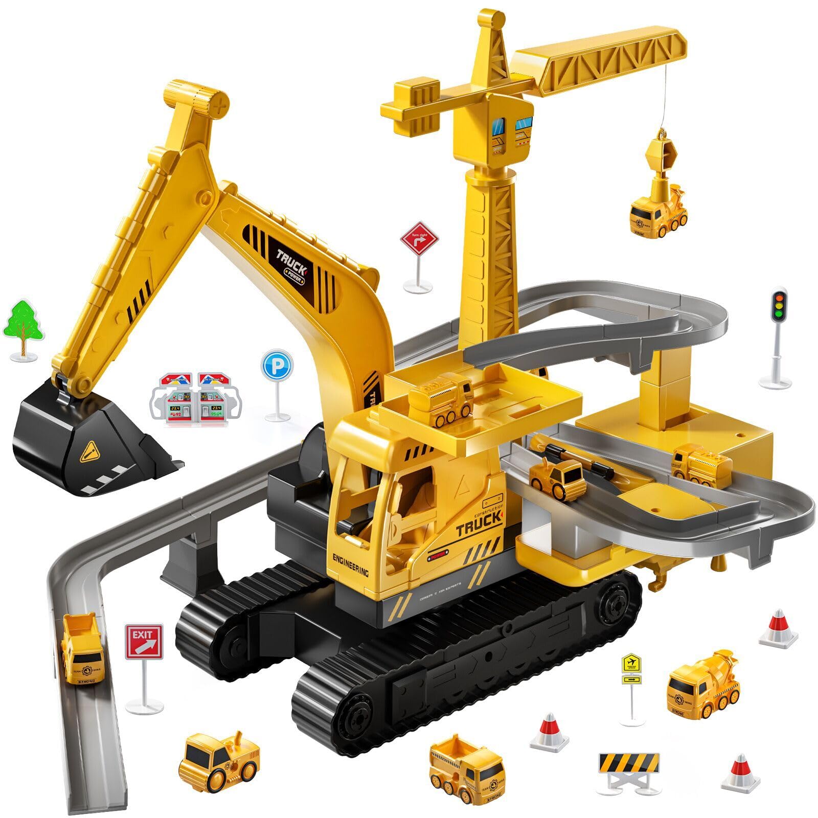 TEMI Construction Truck Toys for Kids Ages 3-7 - Engineering Digger & Crane Playset with Race Tracks, Excavator Toy for Toddlers Boys & Girls - Perfect Gift for 4-6 Year Olds | Outdoor Sandbox Play & Indoor Pretend Construction Games