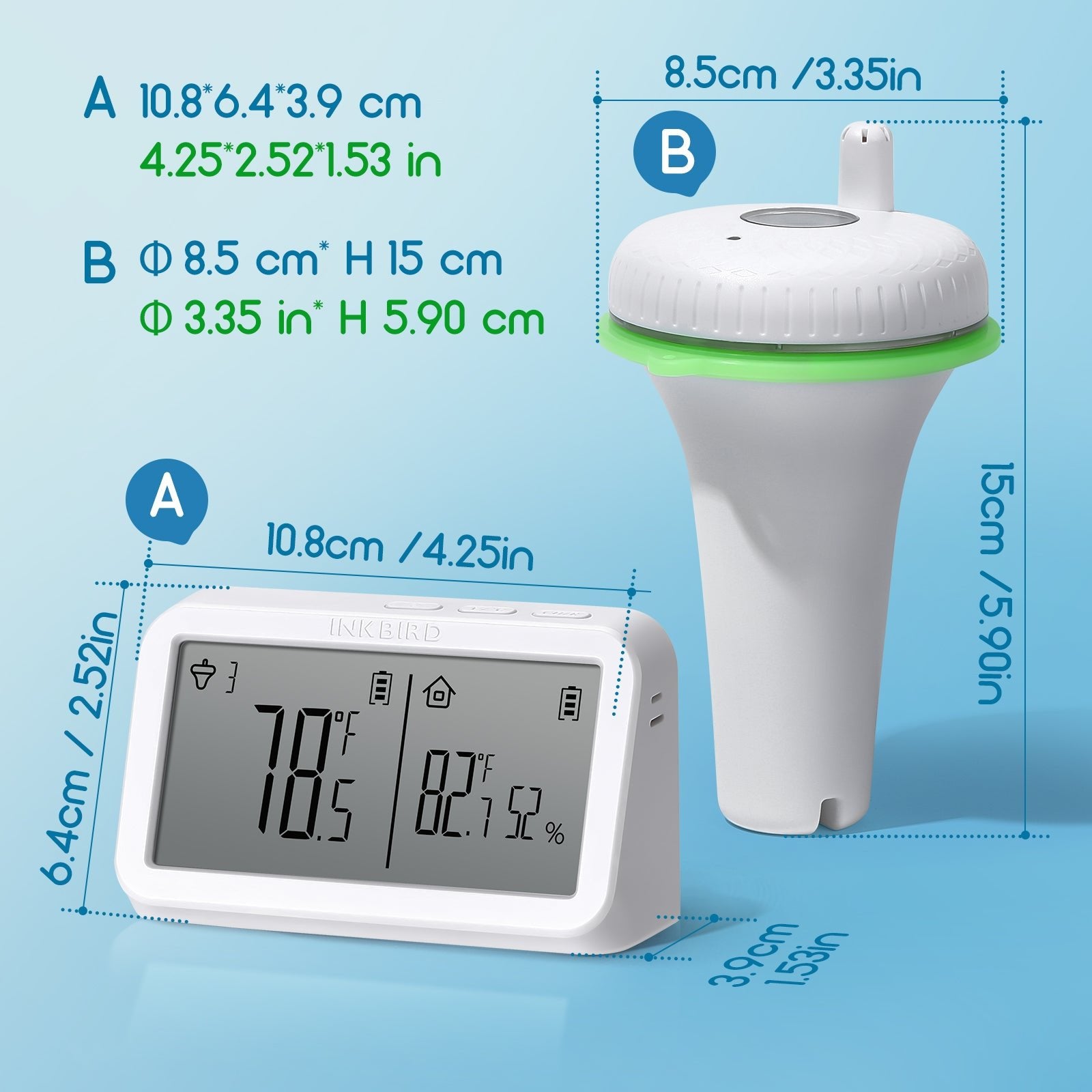 Wireless Pool Thermometer Set IBS P02R - Digital Floating Thermometer for Swimming Pools, Spas & Hot Tubs - Monitor Water Temperature Remotely for Perfect Swimming Comfort