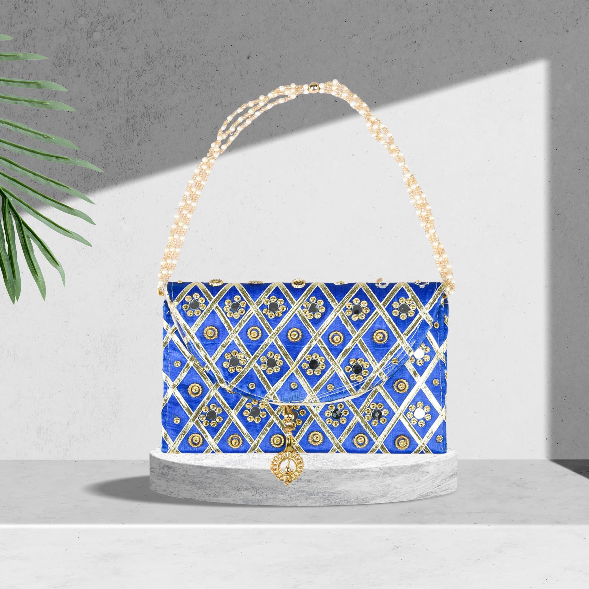Kuber Industries Women's Clutch Purse with Handle - Traditional Shagun & Baby Shower Gift Bag - Blue Mirror Check Design for Weddings, Parties & Special Occasions