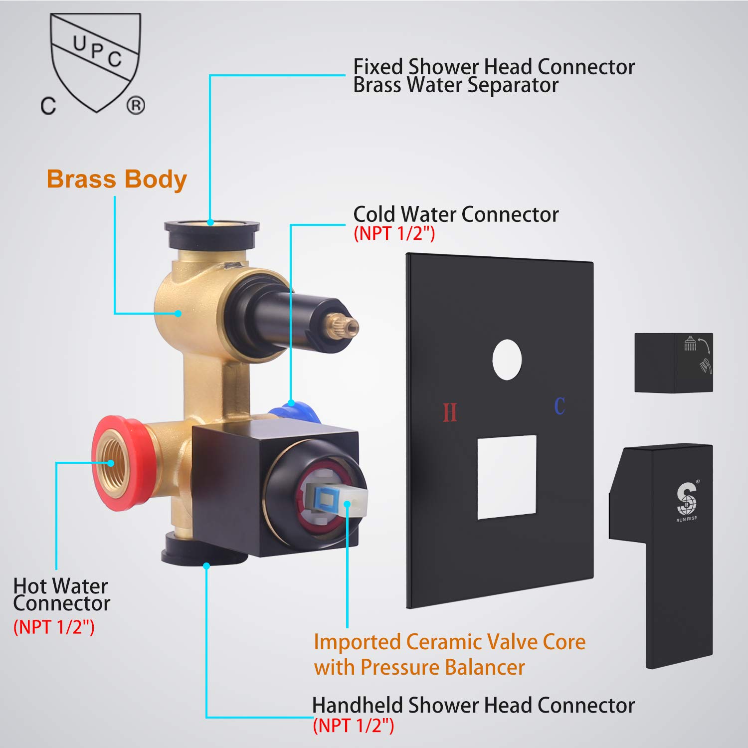 SR SUN RISE 10 Inch Matte Black Wall Mount Shower System Set with Rough-in Valve & Trim Kit - Complete Bathroom Fixture for Modern Home Renovation