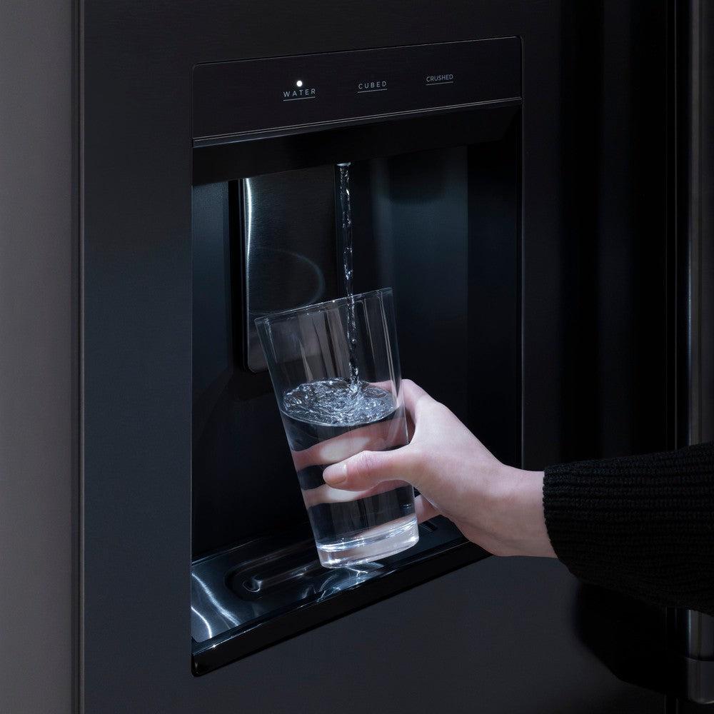 ZLINE Autograph Edition 36 Inch French Door Refrigerator - 28.9 cu ft Capacity, External Water Dispenser, Dual Ice Maker, Fingerprint Resistant Black Stainless Steel with Polished Gold Handles (RSMZ W 36 BS G) - Perfect for Modern Kitchens, Entertaining & Large Family Storage