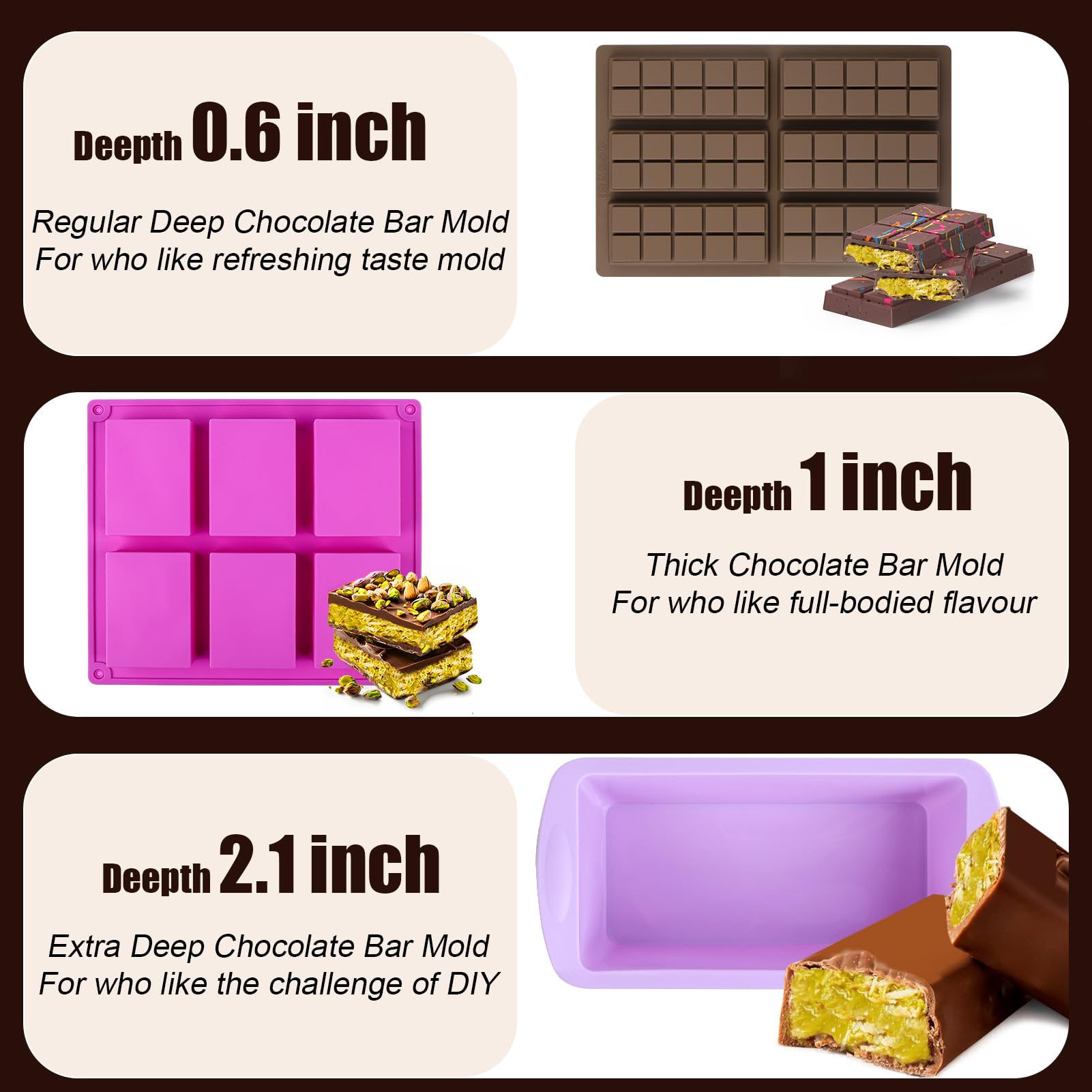 BABORUI 6 Cavity Silicone Chocolate Bar Mold with 100 Bags - Thick Deep Mold for Stuffed Chocolate Bars, Knafeh, Pistachio Filling - Perfect for Homemade Candy, Baking, Gifts & Party Treats (10 Snap)