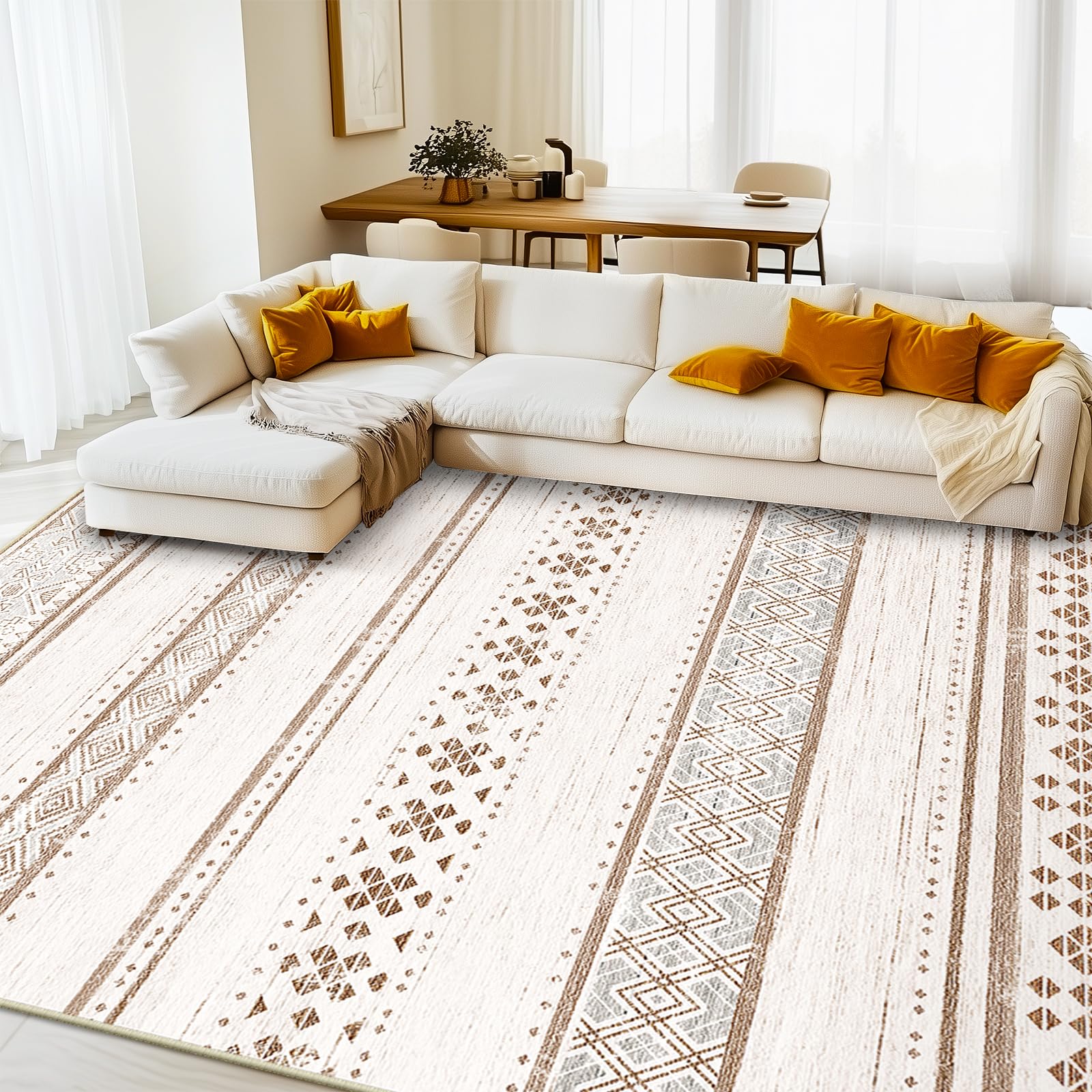 BESTSWEETIE 8x10 Washable Moroccan Farmhouse Area Rug - Soft Low Pile Non-Slip Geometric Print in Cream/Brown/Pink - Perfect for Living Room, Bedroom, Kitchen, Dining Room & Entryway - Neutral Decor for Cozy Home & Farmhouse Style