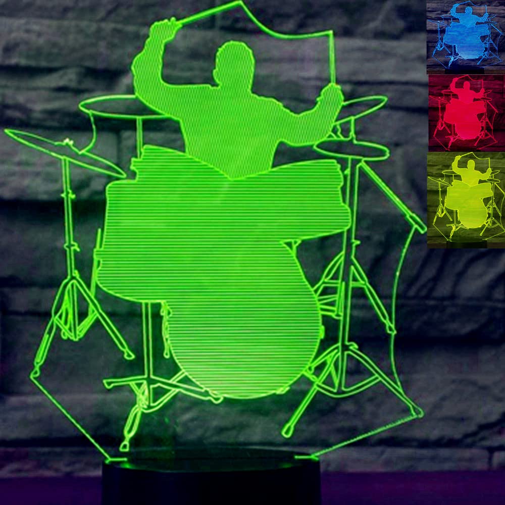 3D Drum Guitar Music Note Night Light - 7 Color Changing LED Illusion Lamp with USB Cable, Acrylic Flat ABS Base - Perfect for Bedroom, Desk, Party Decor & Gift Ideas